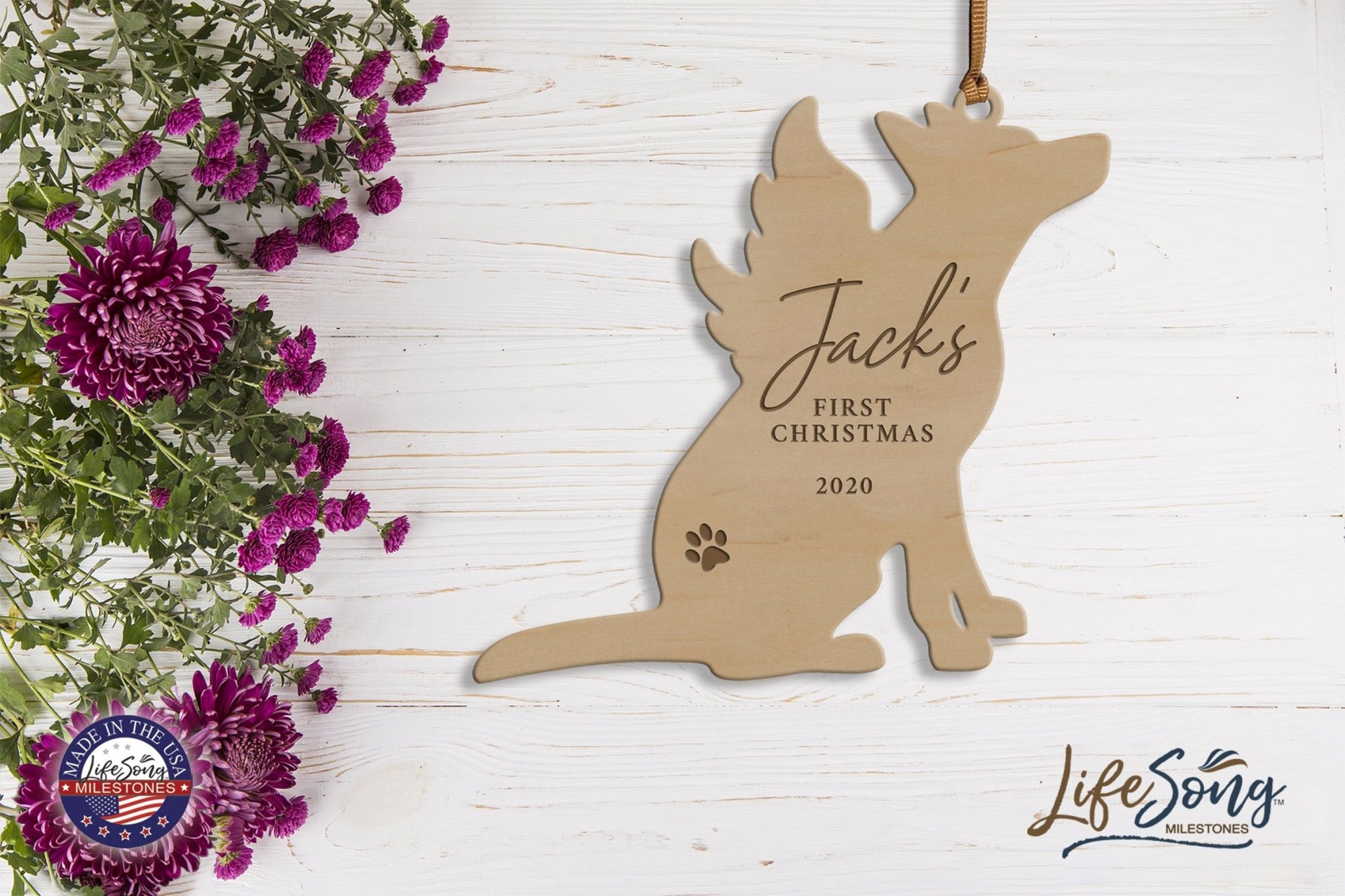 Personalized Engraved Christmas Dog Ornament 4.9375” x 5.375” x 0.125” - First Christmas (PAW) - LifeSong Milestones