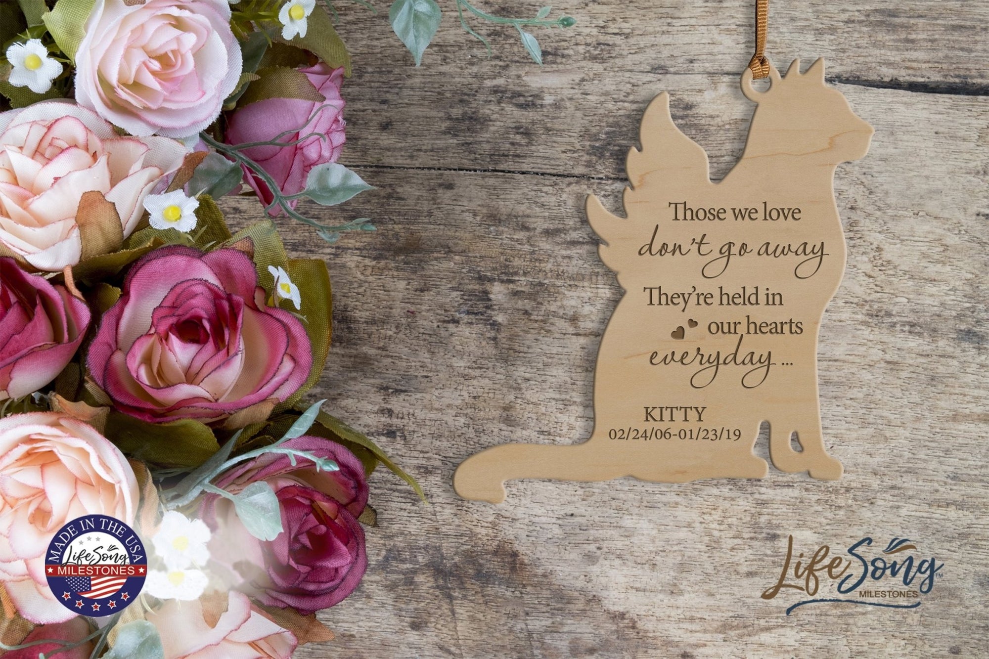 Personalized Engraved Memorial Cat Ornament 4.9375” x 5.375” x 0.125” - Those we love don’t go away (HEARTS) - LifeSong Milestones