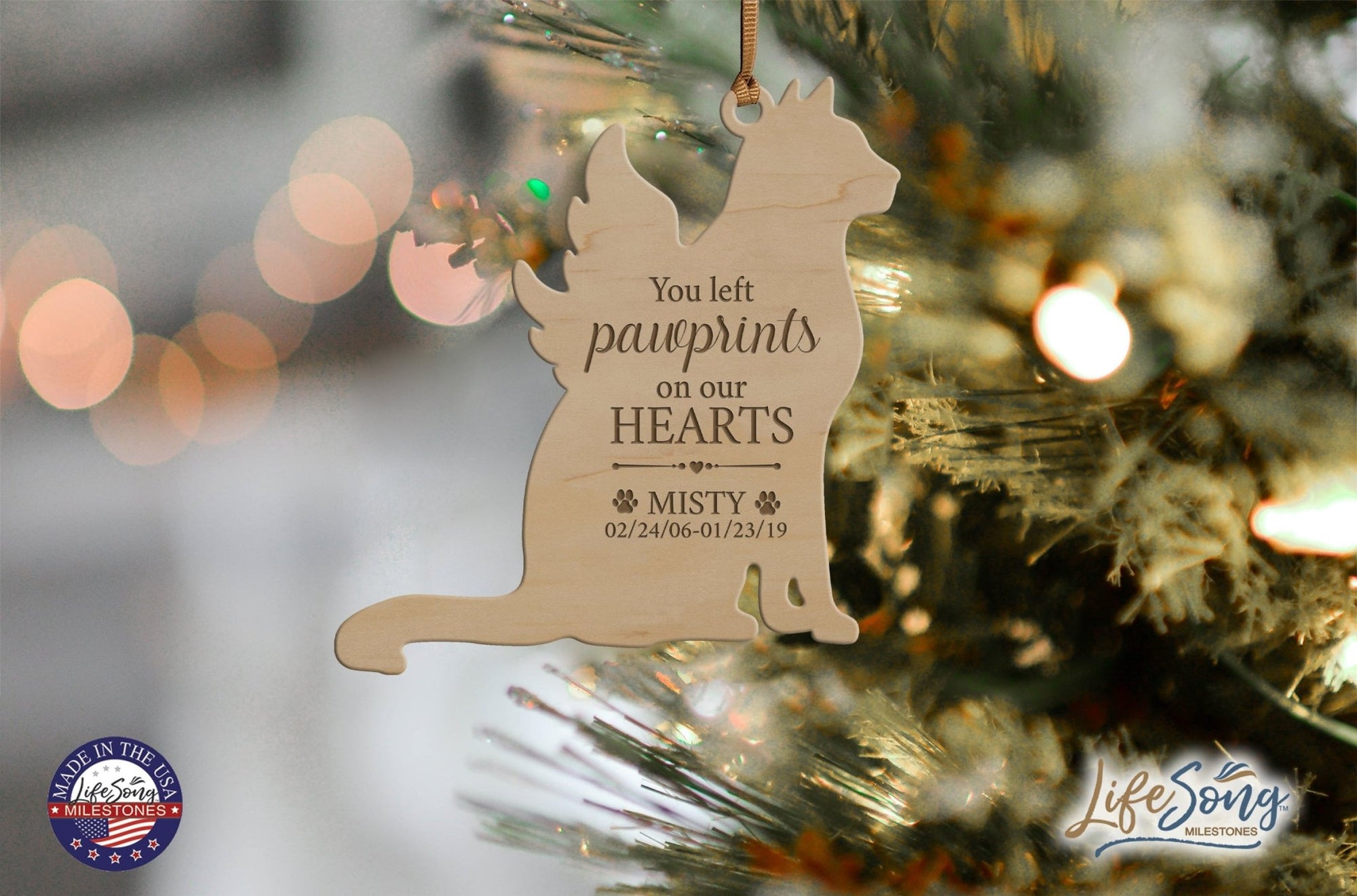 Personalized Engraved Memorial Cat Ornament 4.9375” x 5.375” x 0.125” - You left pawprints (PAWS) - LifeSong Milestones