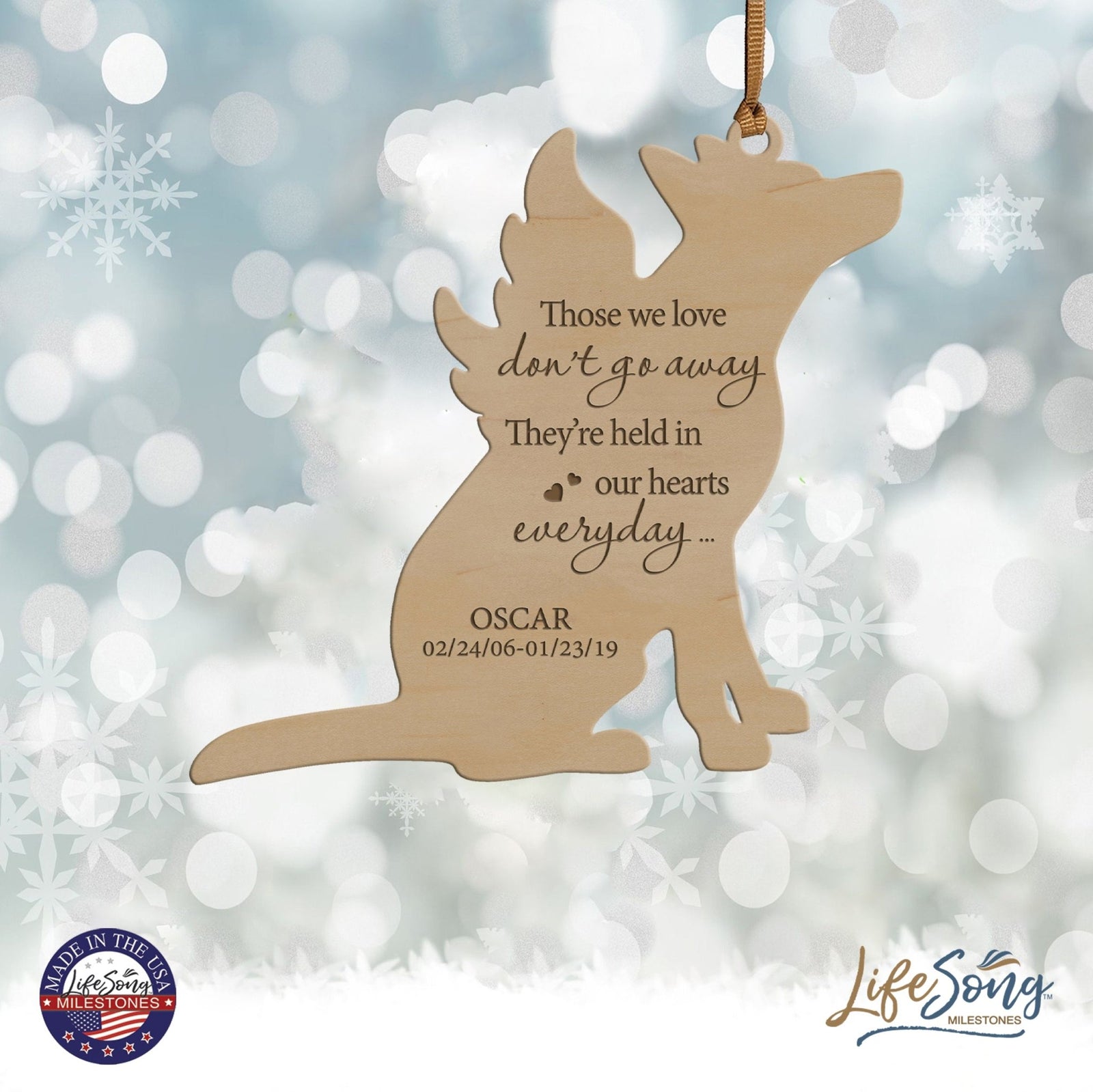 Personalized Engraved Memorial Dog Ornament 4.9375” x 5.375” x 0.125” - Those we love don’t go away (HEARTS) - LifeSong Milestones