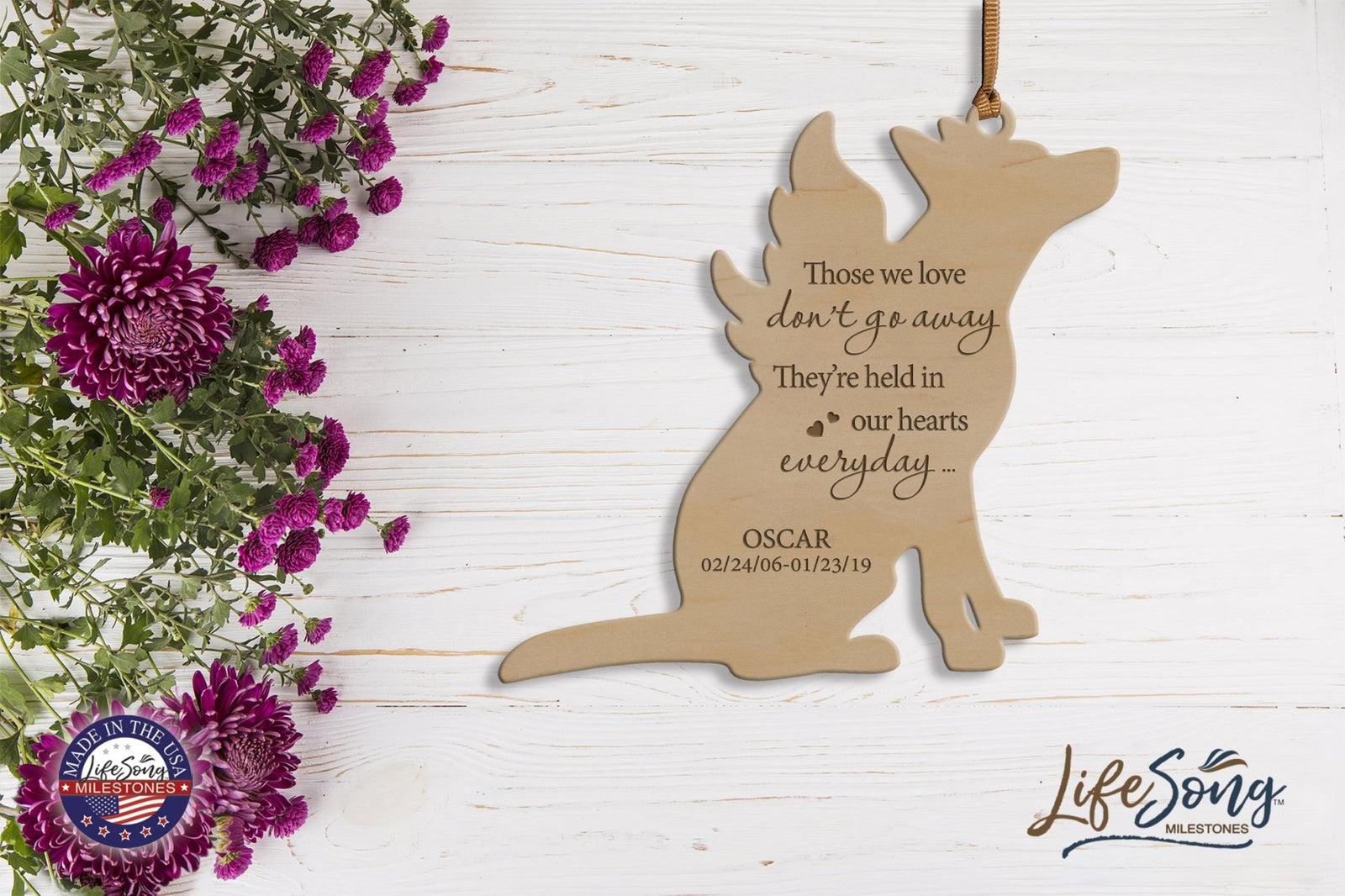 Personalized Engraved Memorial Dog Ornament 4.9375” x 5.375” x 0.125” - Those we love don’t go away (HEARTS) - LifeSong Milestones