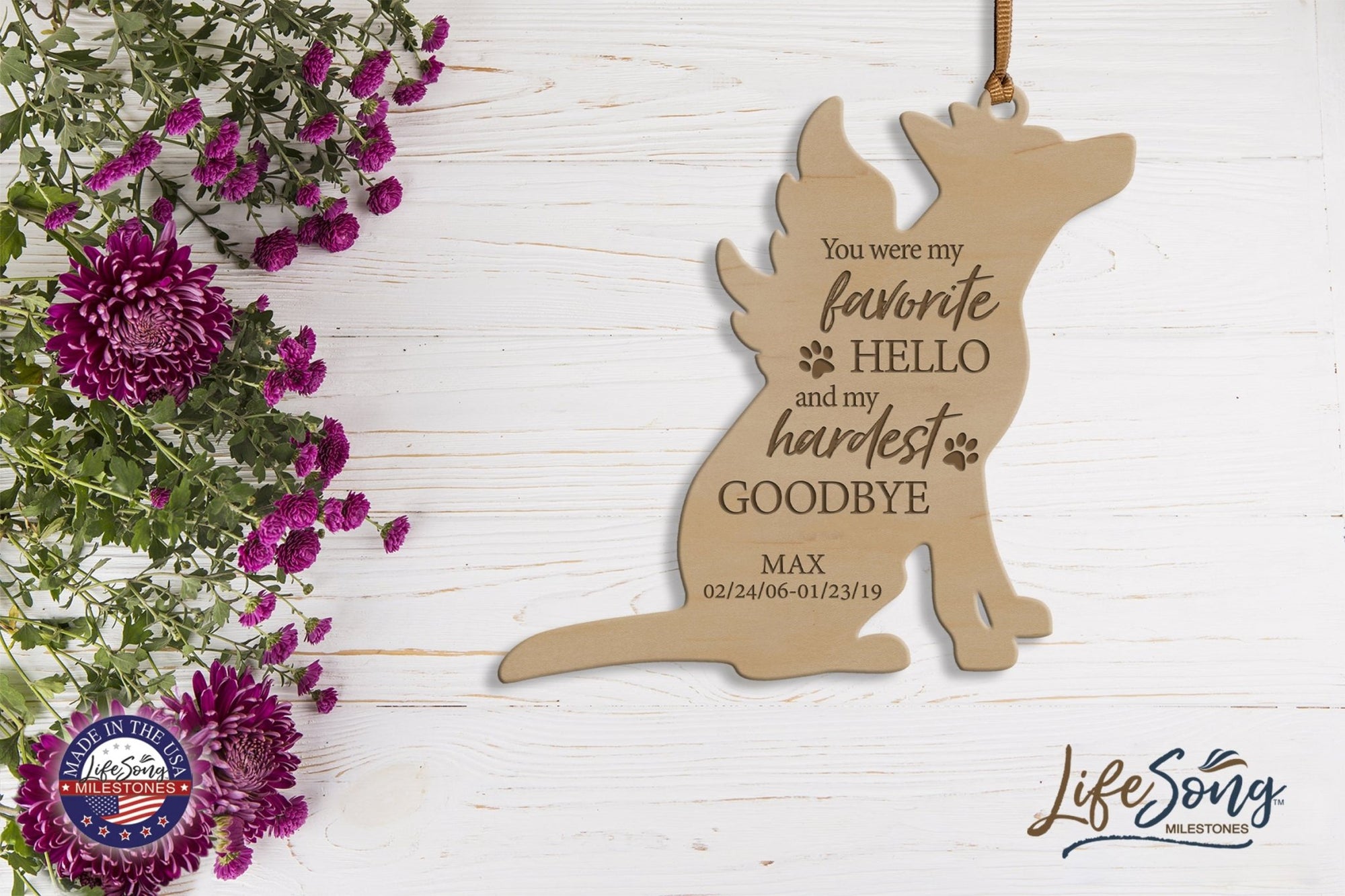 Personalized Engraved Memorial Dog Ornament 4.9375” x 5.375” x 0.125” - You were my favorite hello (PAWS) - LifeSong Milestones