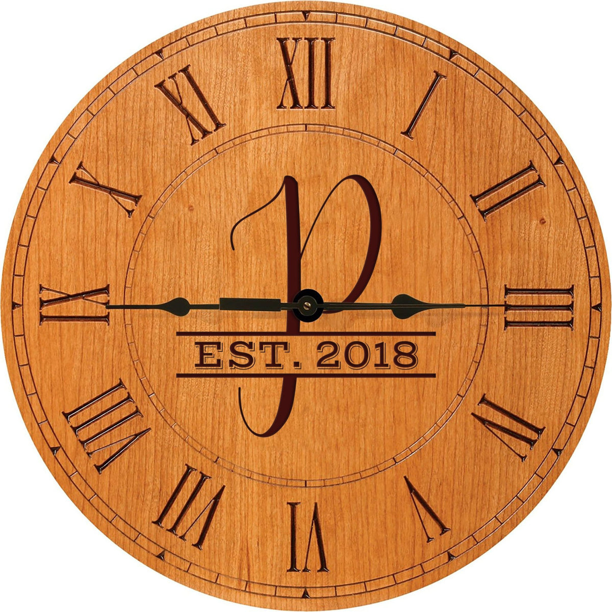 Personalized Engraved Monogram Cherry Wood Clock 12&quot; - P - LifeSong Milestones