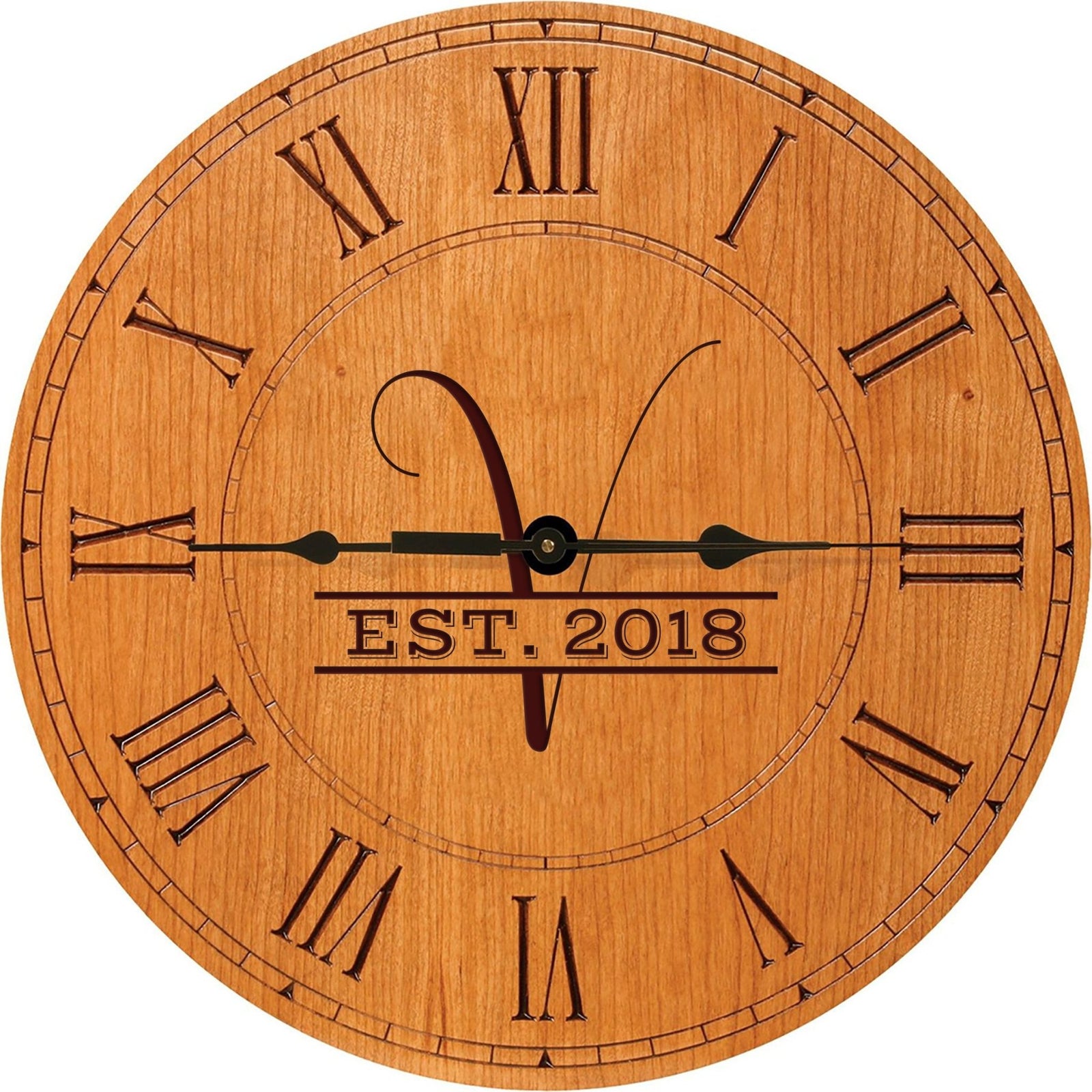 Personalized Engraved Monogram Cherry Wood Clock 12" - V - LifeSong Milestones