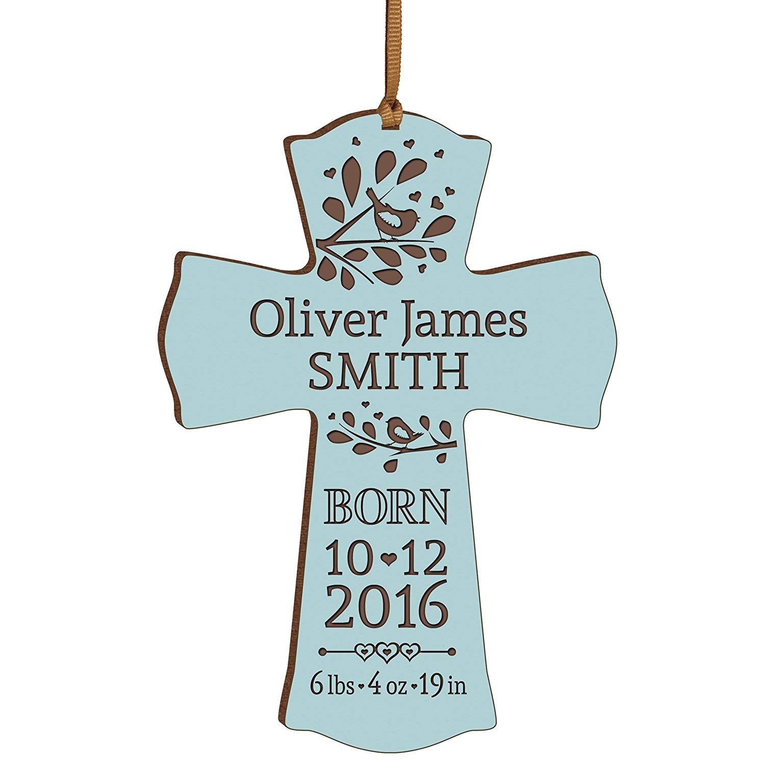 Personalized Engraved New Baby Cross Ornament - Blue - LifeSong Milestones