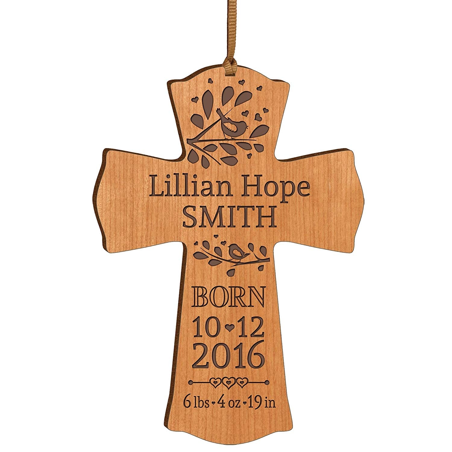 Personalized Engraved New Baby Cross Ornament - Cherry - LifeSong Milestones