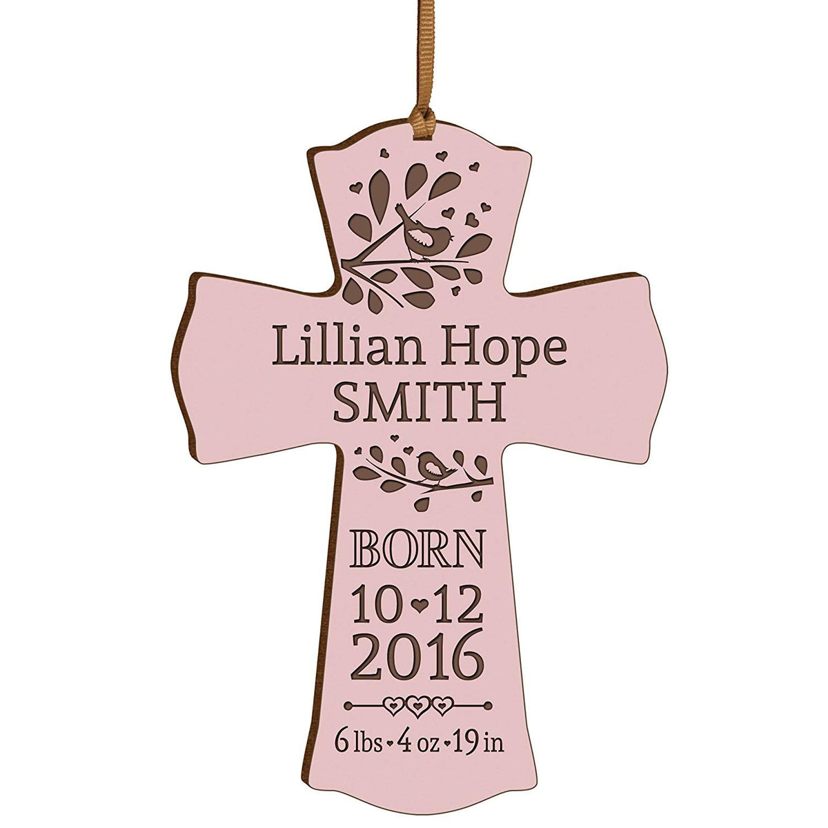 Personalized Engraved New Baby Cross Ornament - Pink - LifeSong Milestones
