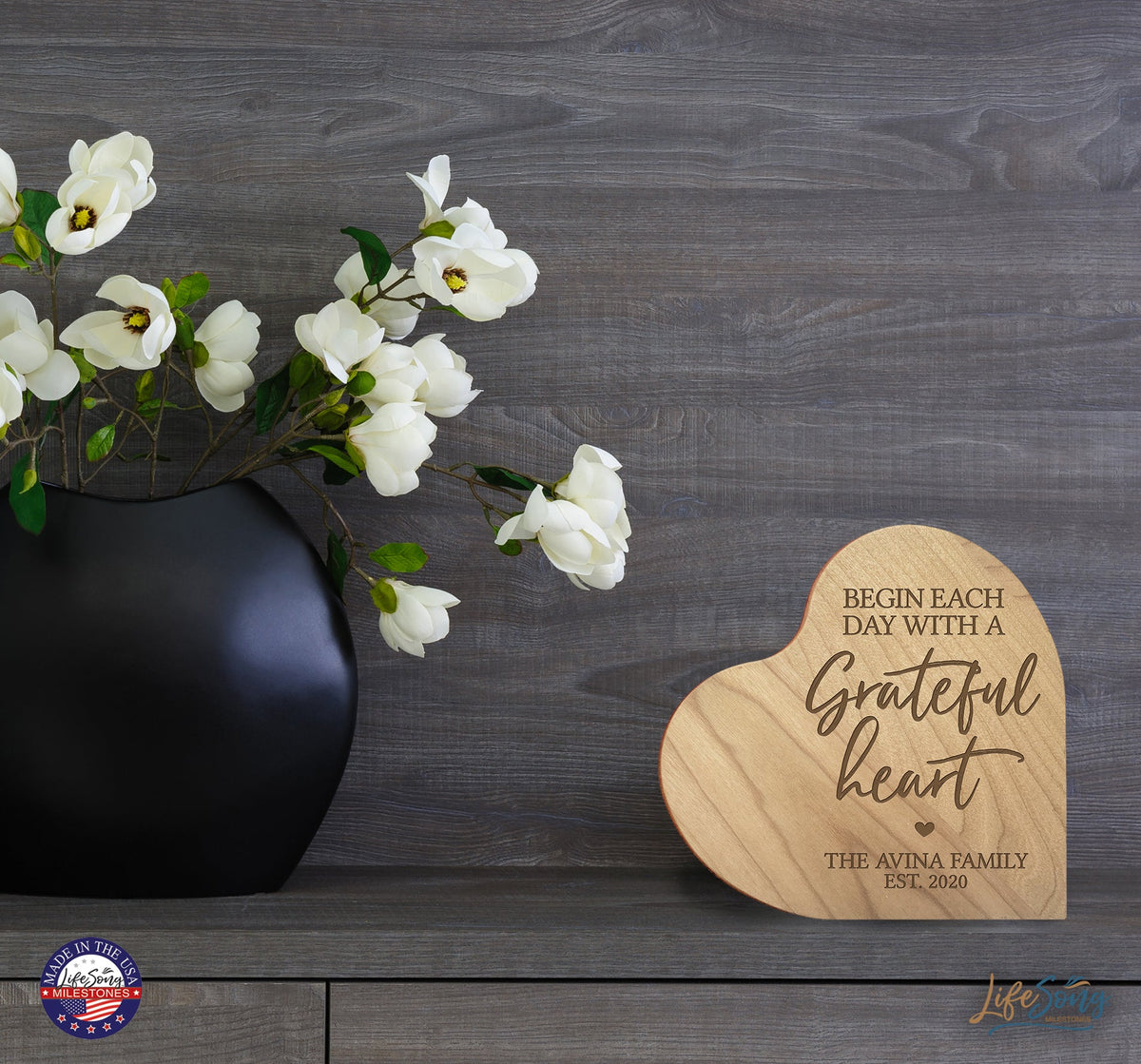 Personalized Engraved Wooden Inspirational Heart Block 5” x 5.25” x 0.75” - Begin Each Day - LifeSong Milestones