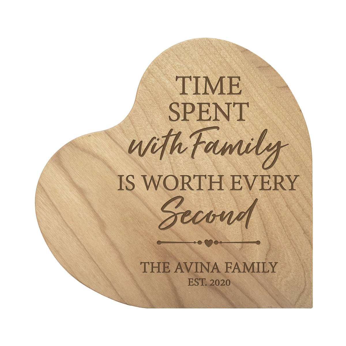Personalized Engraved Wooden Inspirational Heart Block 5” x 5.25” x 0.75” - Time Spent with Family - LifeSong Milestones