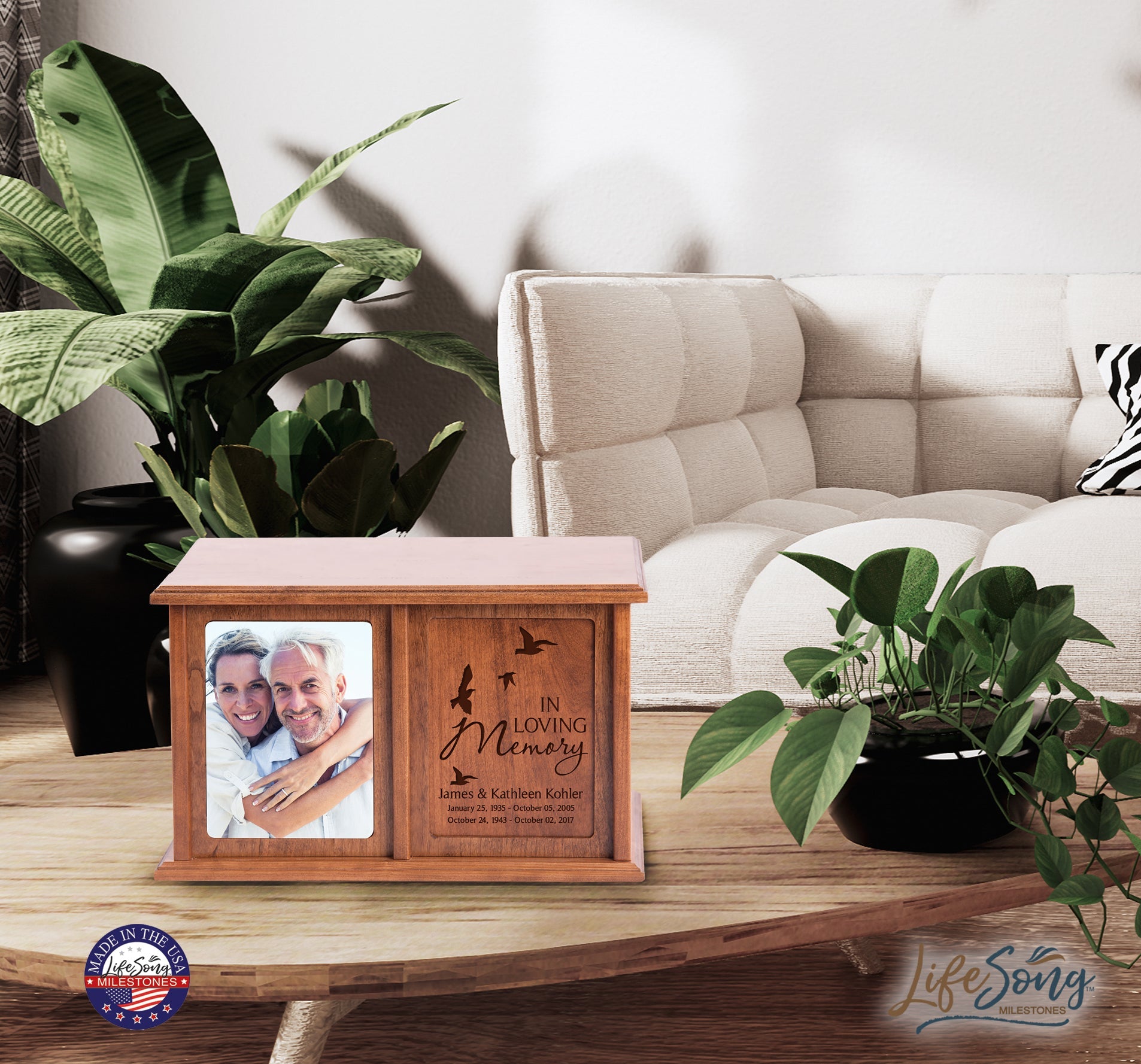 Personalized Extra Large Companion Urn Wooden Cremation Urn Box - In Loving Memory (Birds) - LifeSong Milestones