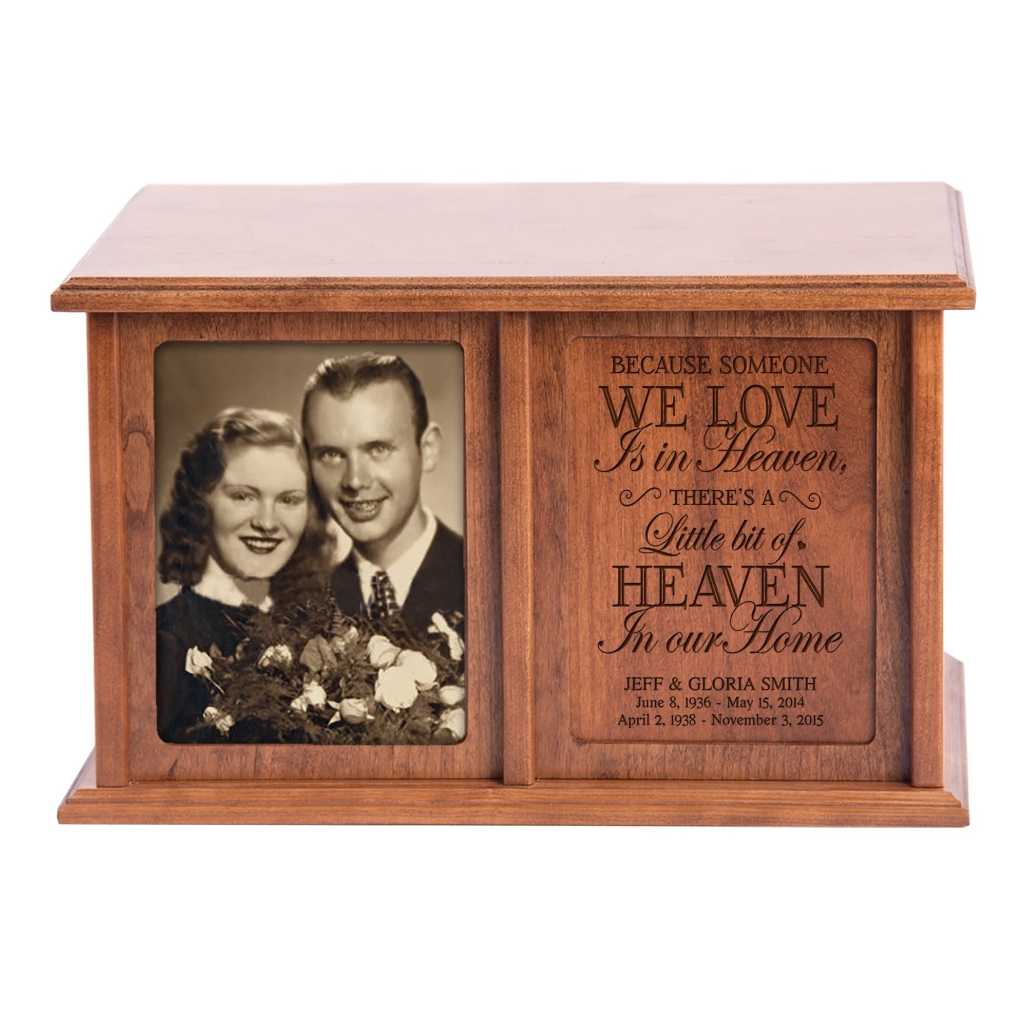 Various wooden urns for ashes including custom, engraved, and personalized options, suitable for funeral memorials and as keepsakes