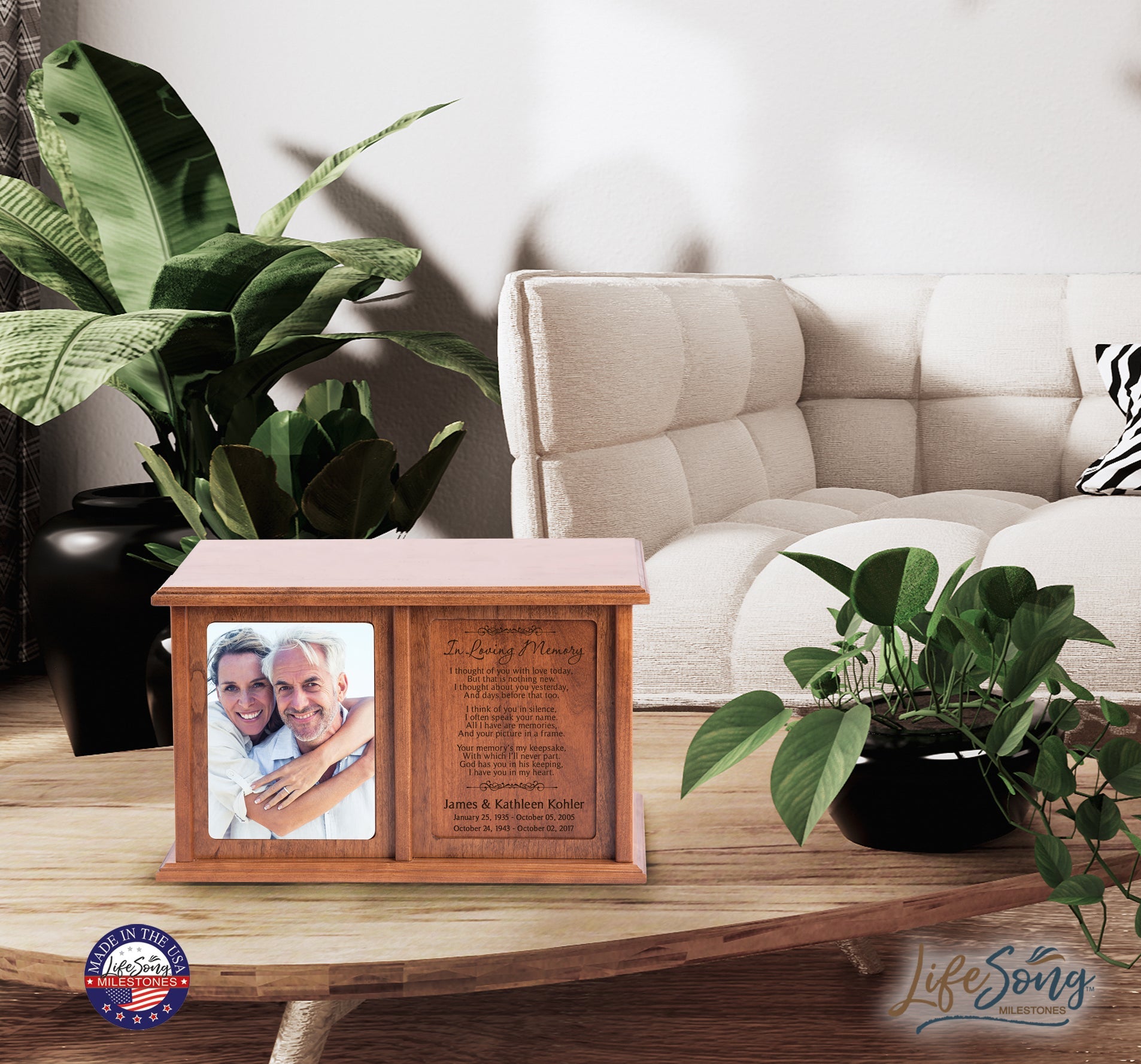 Personalized Extra Large Wooden Companion Cremation Urn Box For Two - In Loving Memory - LifeSong Milestones