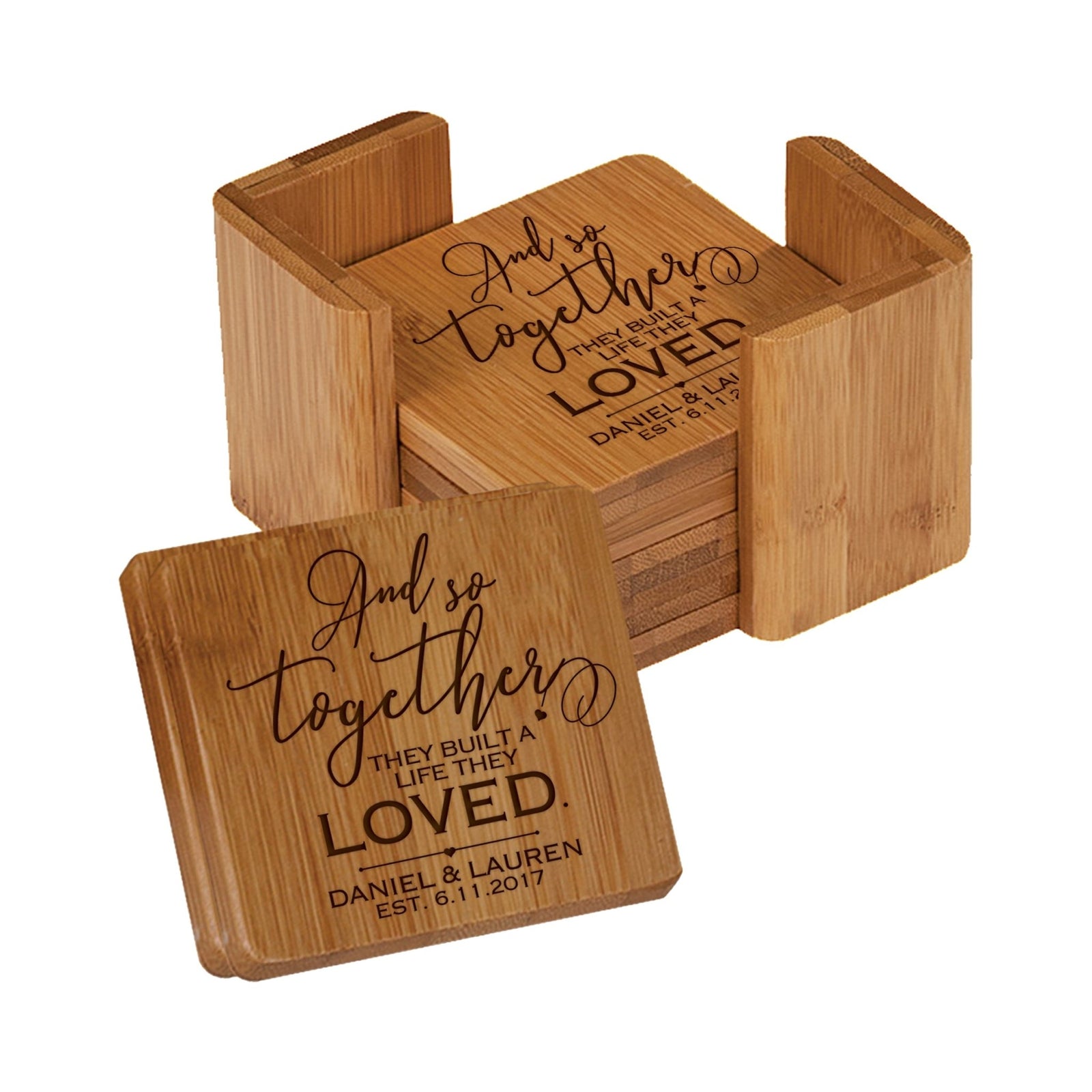 Personalized Family Home 6pc Solid Bamboo Coaster Set With Holder 4.5x4.5 – And So Together - LifeSong Milestones