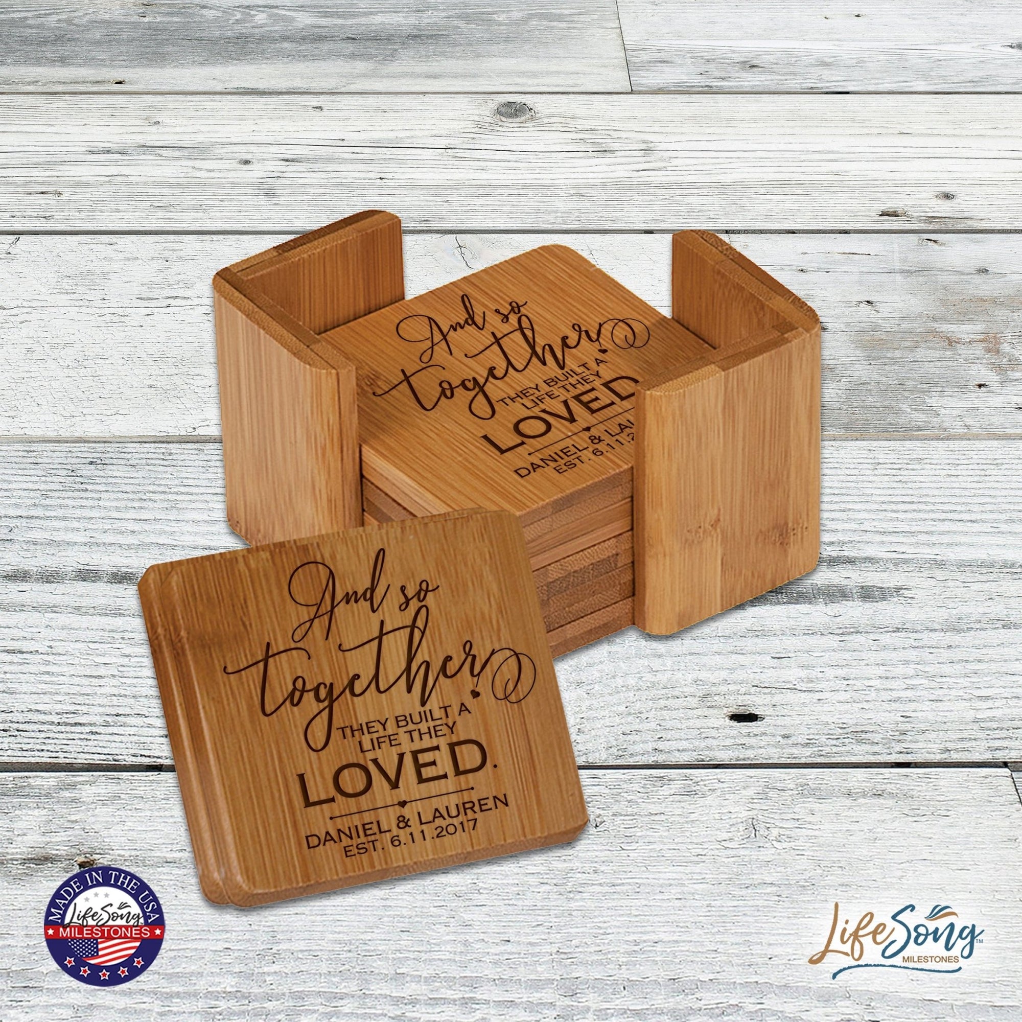 Personalized Family Home 6pc Solid Bamboo Coaster Set With Holder 4.5x4.5 – And So Together - LifeSong Milestones