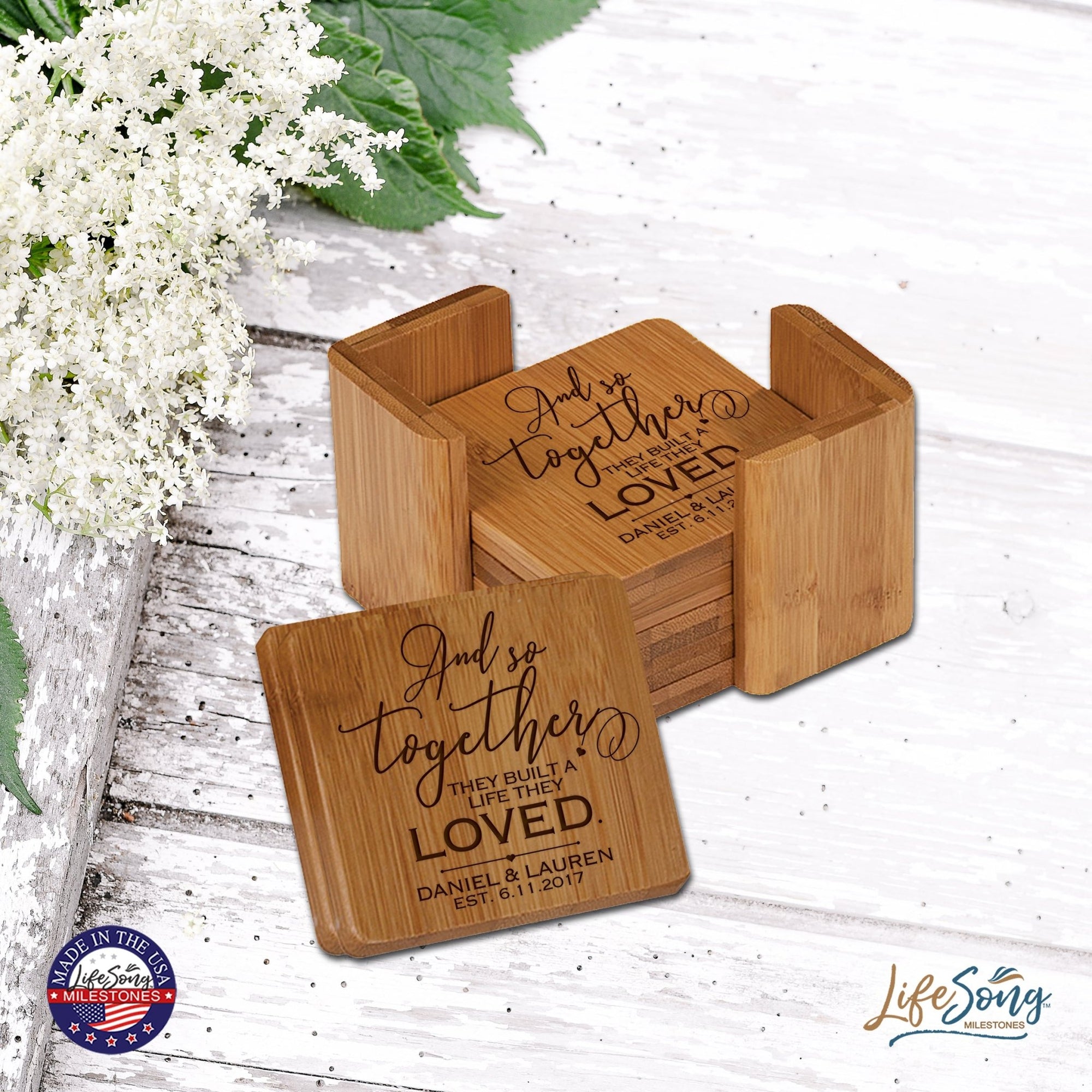 Personalized Family Home 6pc Solid Bamboo Coaster Set With Holder 4.5x4.5 – And So Together - LifeSong Milestones