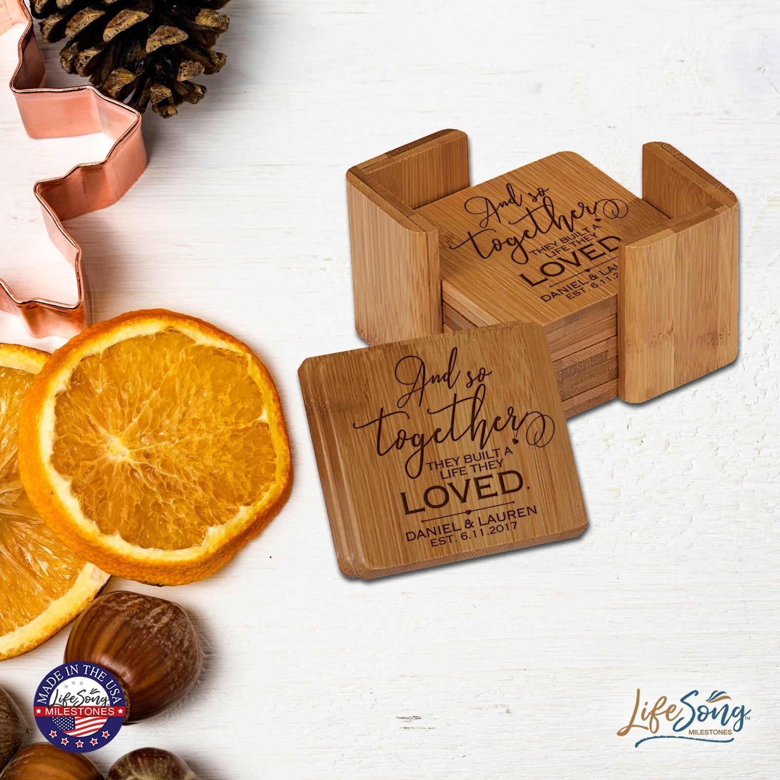 Personalized Family Home 6pc Solid Bamboo Coaster Set With Holder 4.5x4.5 – And So Together - LifeSong Milestones