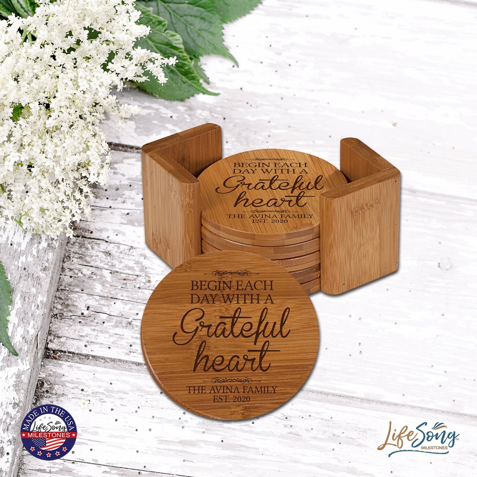 Personalized Family Home 6pc Solid Bamboo Coaster Set With Holder 4.5x4.5 – Begin Each Day - LifeSong Milestones