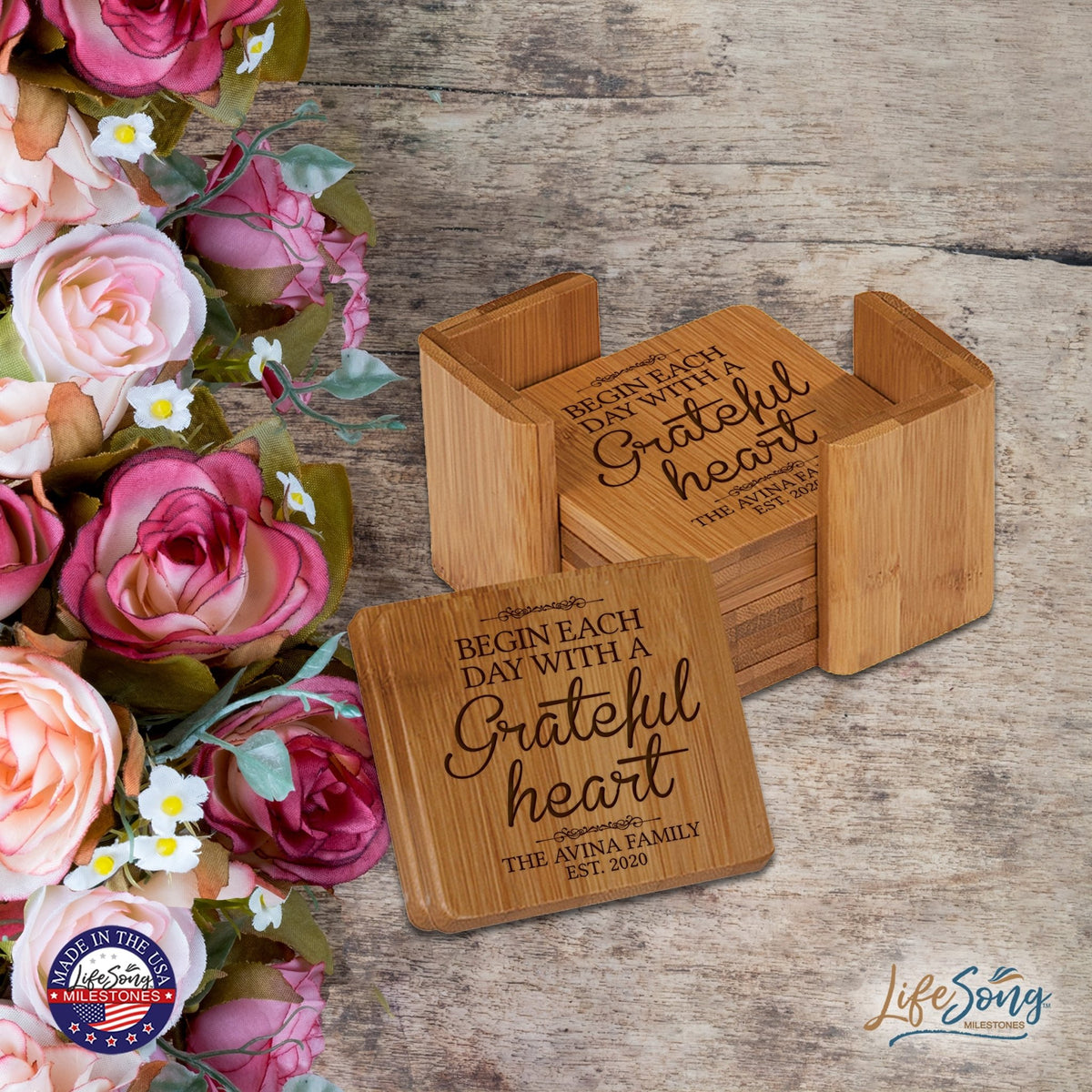 Personalized Family Home 6pc Solid Bamboo Coaster Set With Holder 4.5x4.5 – Begin Each Day - LifeSong Milestones