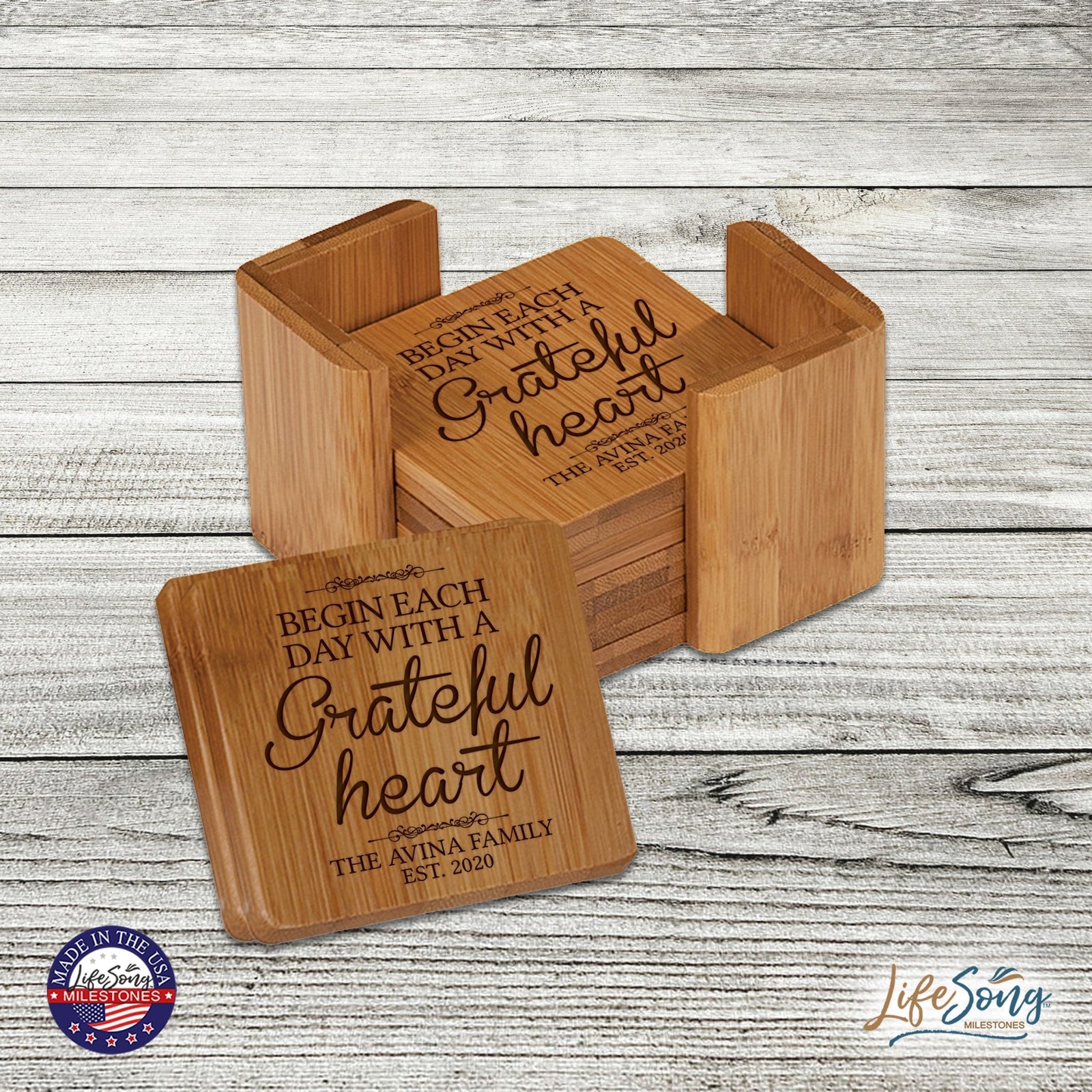 Personalized Family Home 6pc Solid Bamboo Coaster Set With Holder 4.5x4.5 – Begin Each Day - LifeSong Milestones
