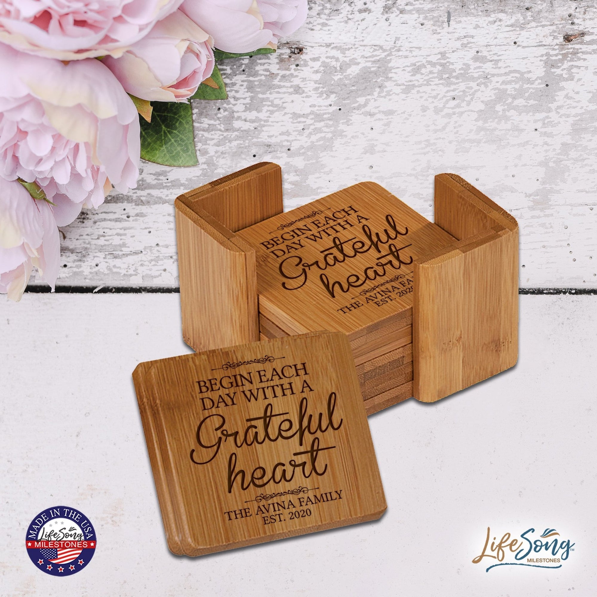 Personalized Family Home 6pc Solid Bamboo Coaster Set With Holder 4.5x4.5 – Begin Each Day - LifeSong Milestones