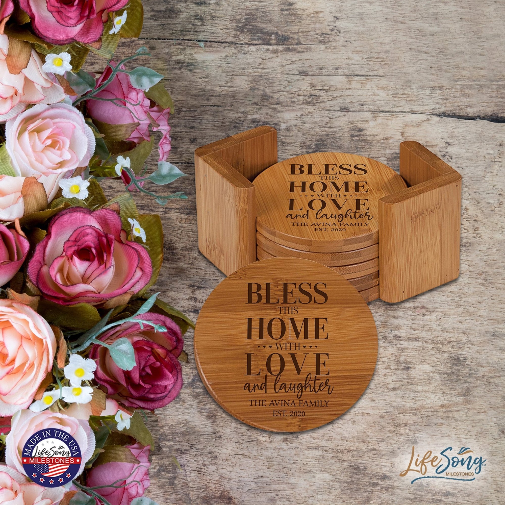 Personalized Family Home 6pc Solid Bamboo Coaster Set With Holder 4.5x4.5 – Bless This Home - LifeSong Milestones