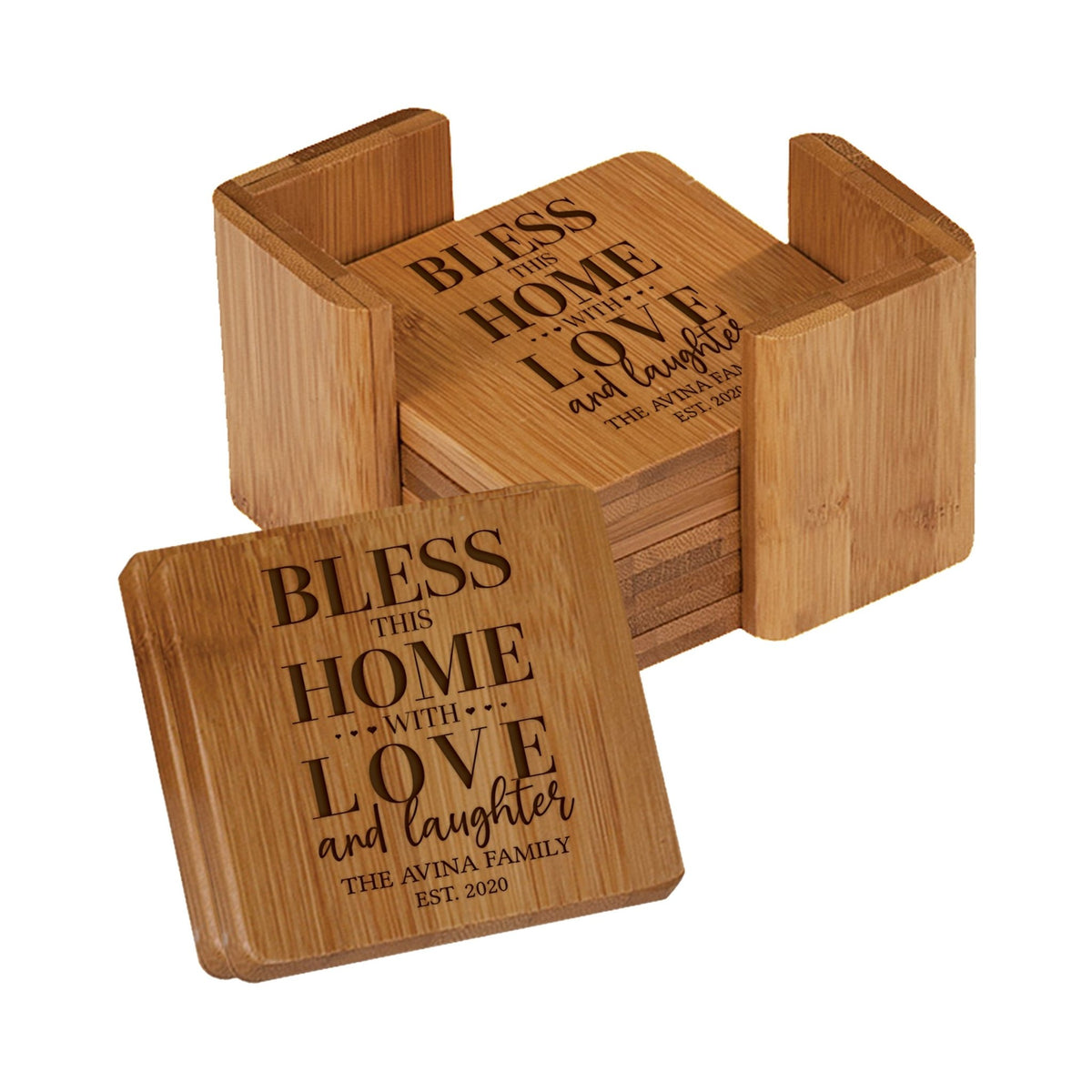 Personalized Family Home 6pc Solid Bamboo Coaster Set With Holder 4.5x4.5 – Bless This Home - LifeSong Milestones