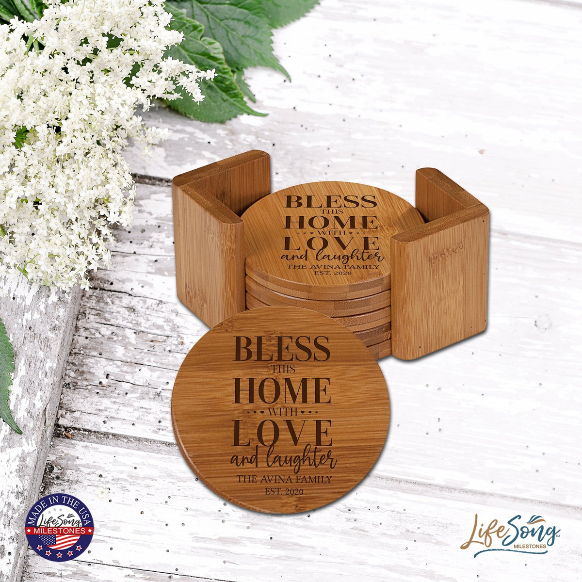 Personalized Family Home 6pc Solid Bamboo Coaster Set With Holder 4.5x4.5 – Bless This Home - LifeSong Milestones