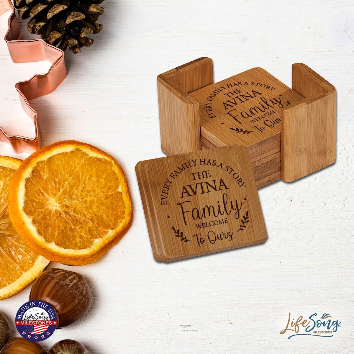Personalized Family Home 6pc Solid Bamboo Coaster Set With Holder 4.5x4.5 – Every Family Has - LifeSong Milestones