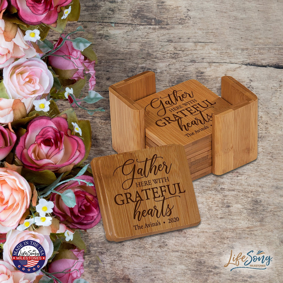 Personalized Family Home 6pc Solid Bamboo Coaster Set With Holder 4.5x4.5 – Gather Here With - LifeSong Milestones