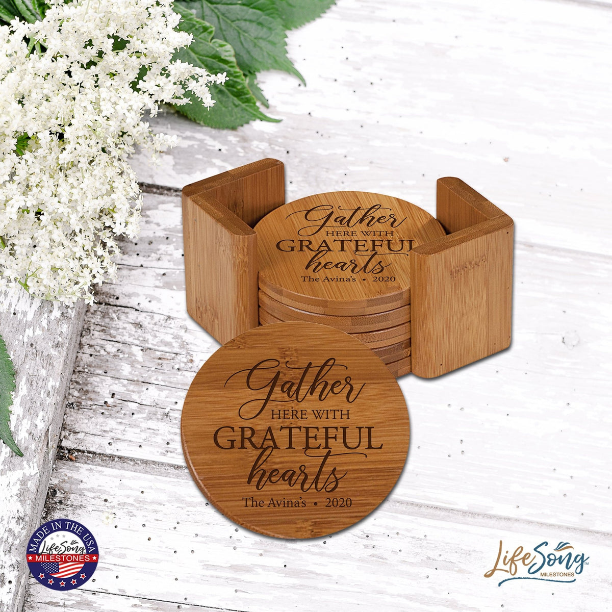 Personalized Family Home 6pc Solid Bamboo Coaster Set With Holder 4.5x4.5 – Gather Here With - LifeSong Milestones