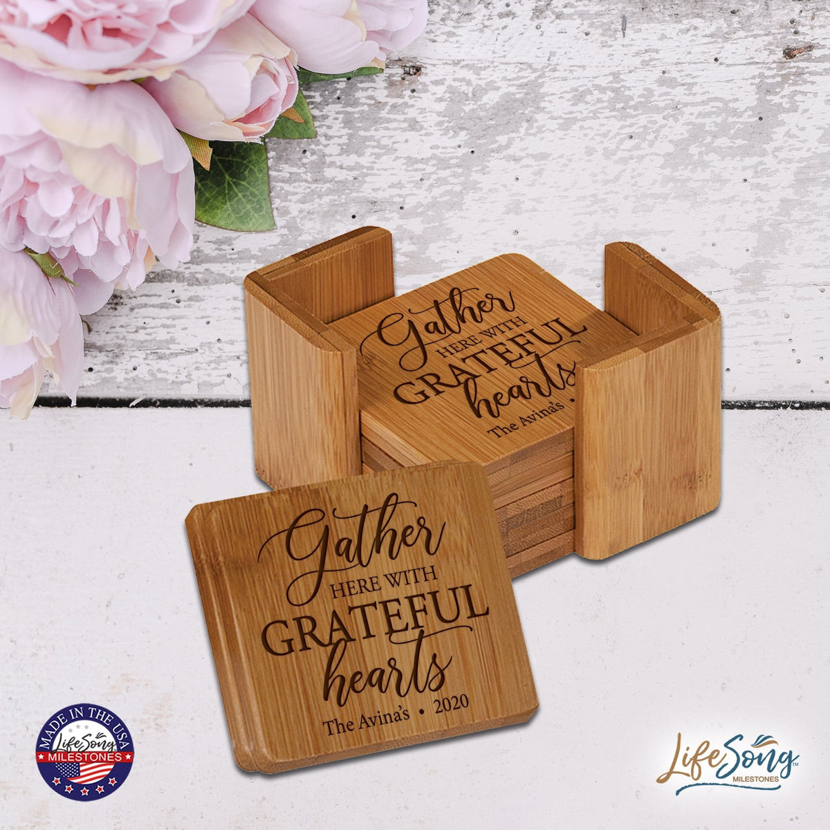 Personalized Family Home 6pc Solid Bamboo Coaster Set With Holder 4.5x4.5 – Gather Here With - LifeSong Milestones