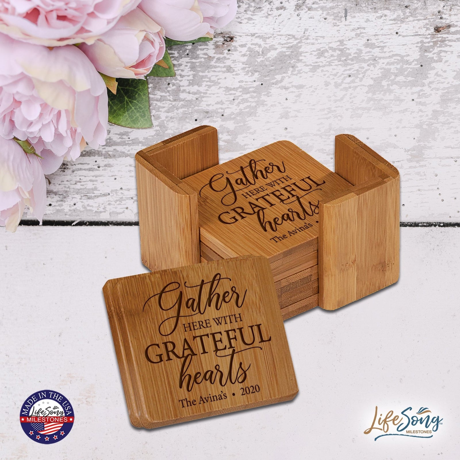 Personalized Family Home 6pc Solid Bamboo Coaster Set With Holder 4.5x4.5 – Gather Here With - LifeSong Milestones