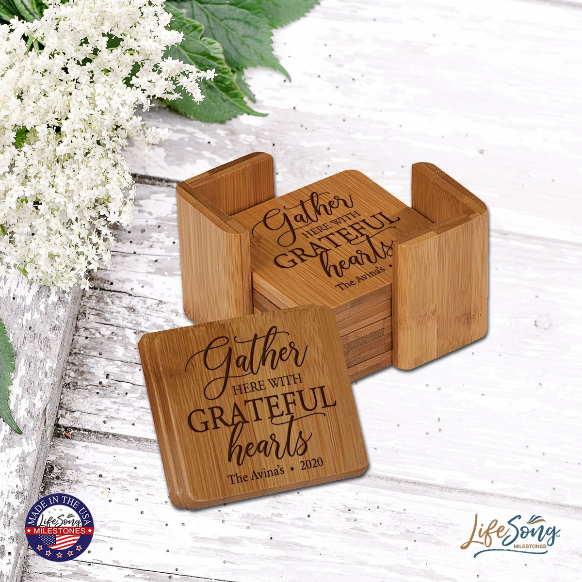 Personalized Family Home 6pc Solid Bamboo Coaster Set With Holder 4.5x4.5 – Gather Here With - LifeSong Milestones
