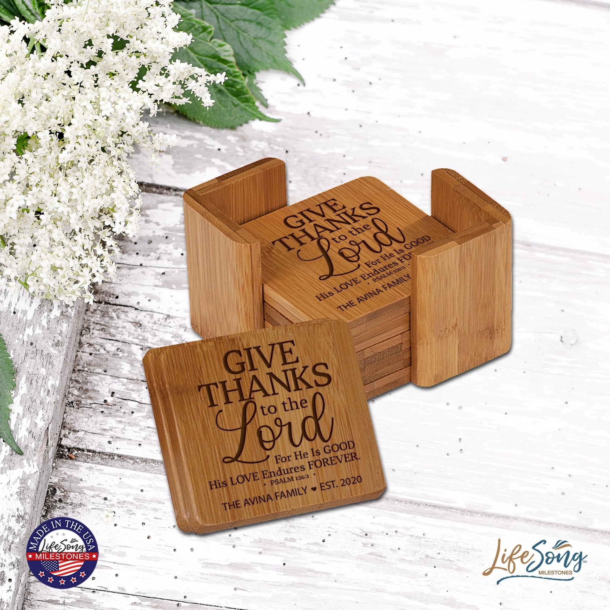 Personalized Family Home 6pc Solid Bamboo Coaster Set With Holder 4.5x4.5 – Give Thanks - LifeSong Milestones