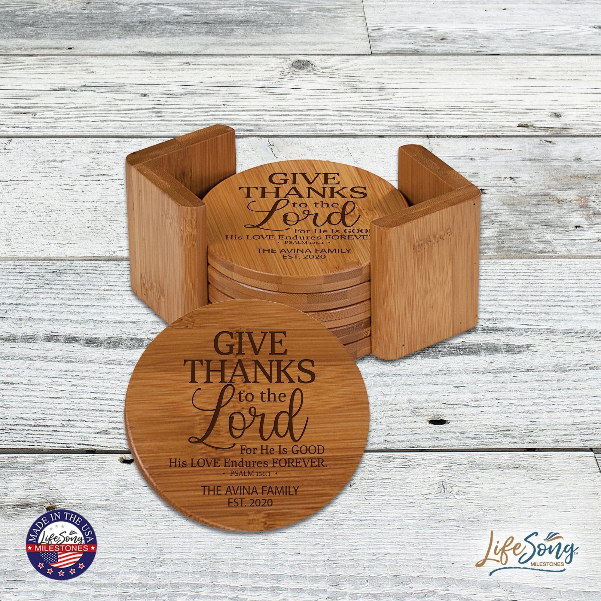 Personalized Family Home 6pc Solid Bamboo Coaster Set With Holder 4.5x4.5 – Give Thanks - LifeSong Milestones