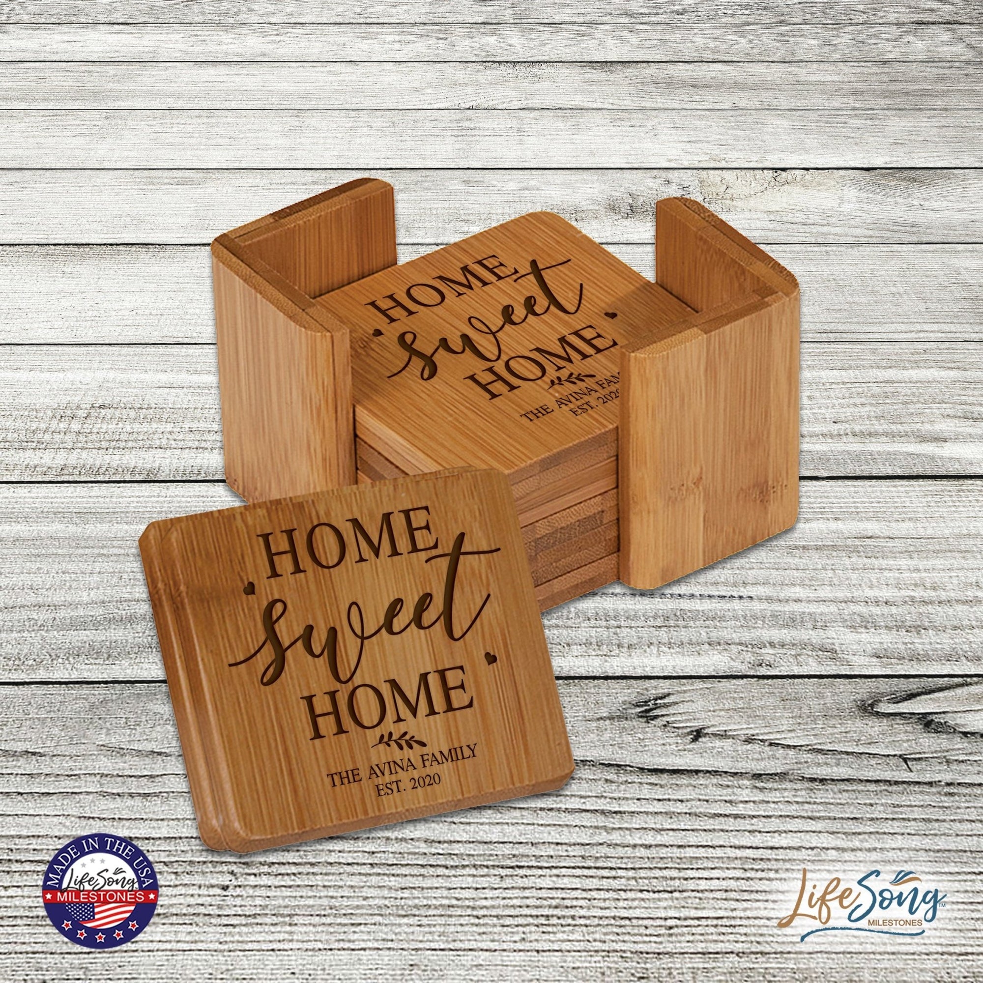 Personalized Family Home 6pc Solid Bamboo Coaster Set With Holder 4.5x4.5 – Home Sweet Home - LifeSong Milestones