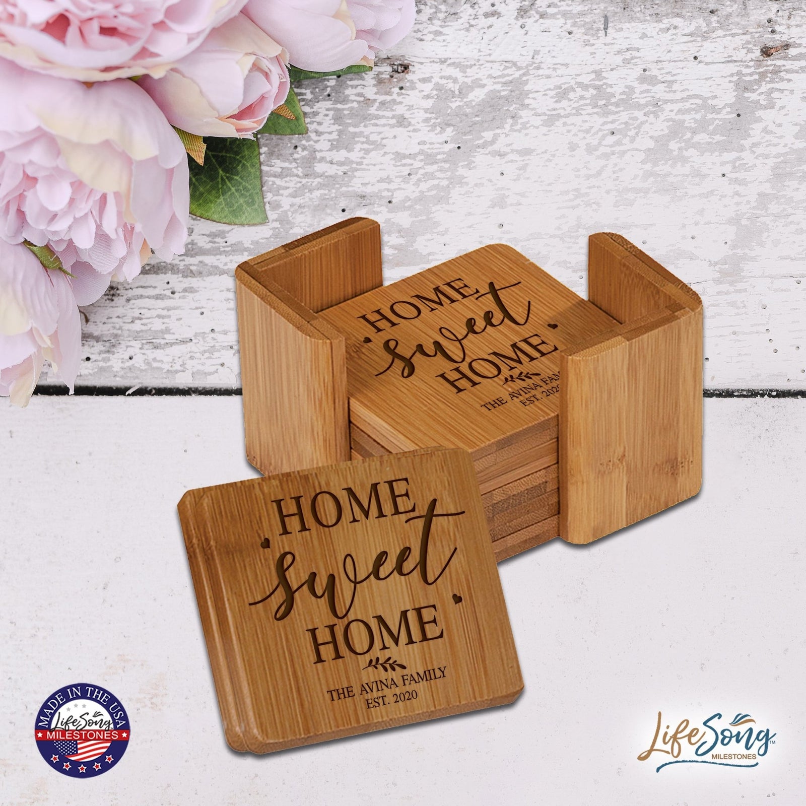 Personalized Family Home 6pc Solid Bamboo Coaster Set With Holder 4.5x4.5 – Home Sweet Home - LifeSong Milestones