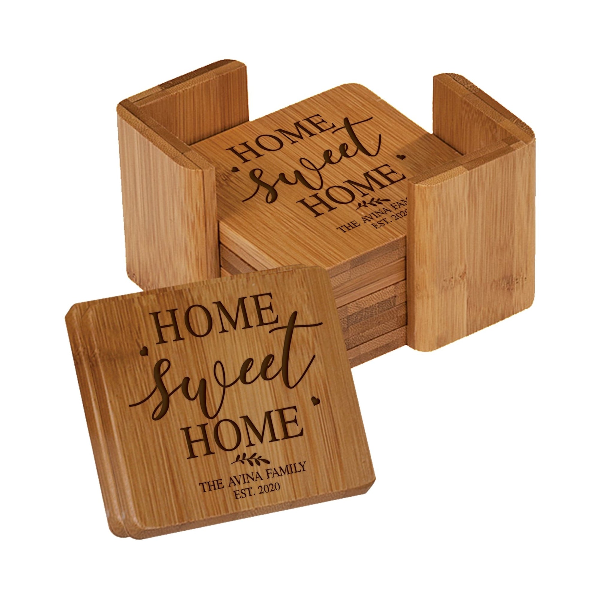 Personalized Family Home 6pc Solid Bamboo Coaster Set With Holder 4.5x4.5 – Home Sweet Home - LifeSong Milestones