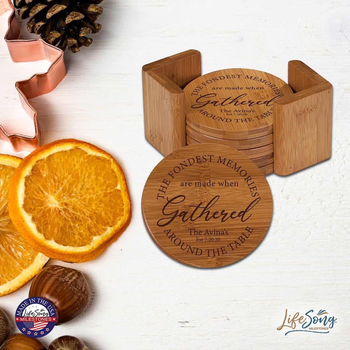 Personalized Family Home 6pc Solid Bamboo Coaster Set With Holder 4.5x4.5 – The Fondest Memories - LifeSong Milestones