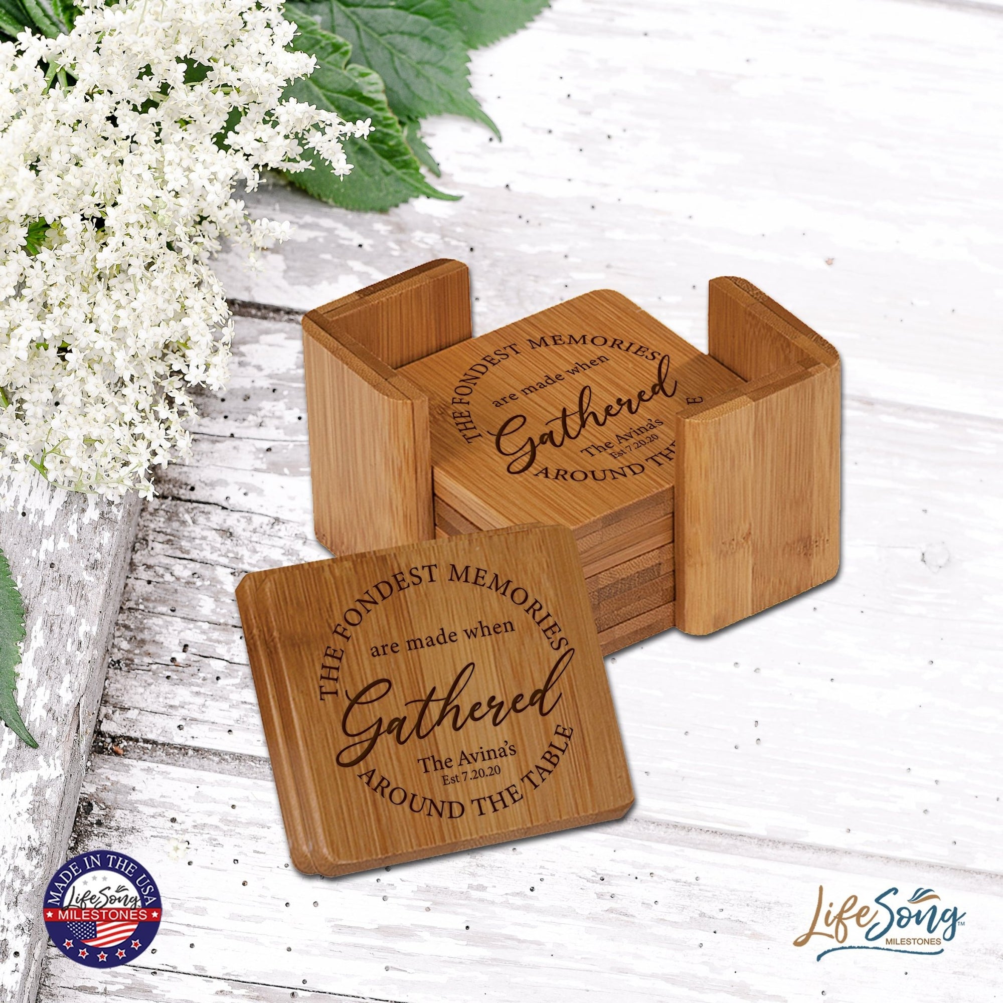 Personalized Family Home 6pc Solid Bamboo Coaster Set With Holder 4.5x4.5 – The Fondest Memories - LifeSong Milestones