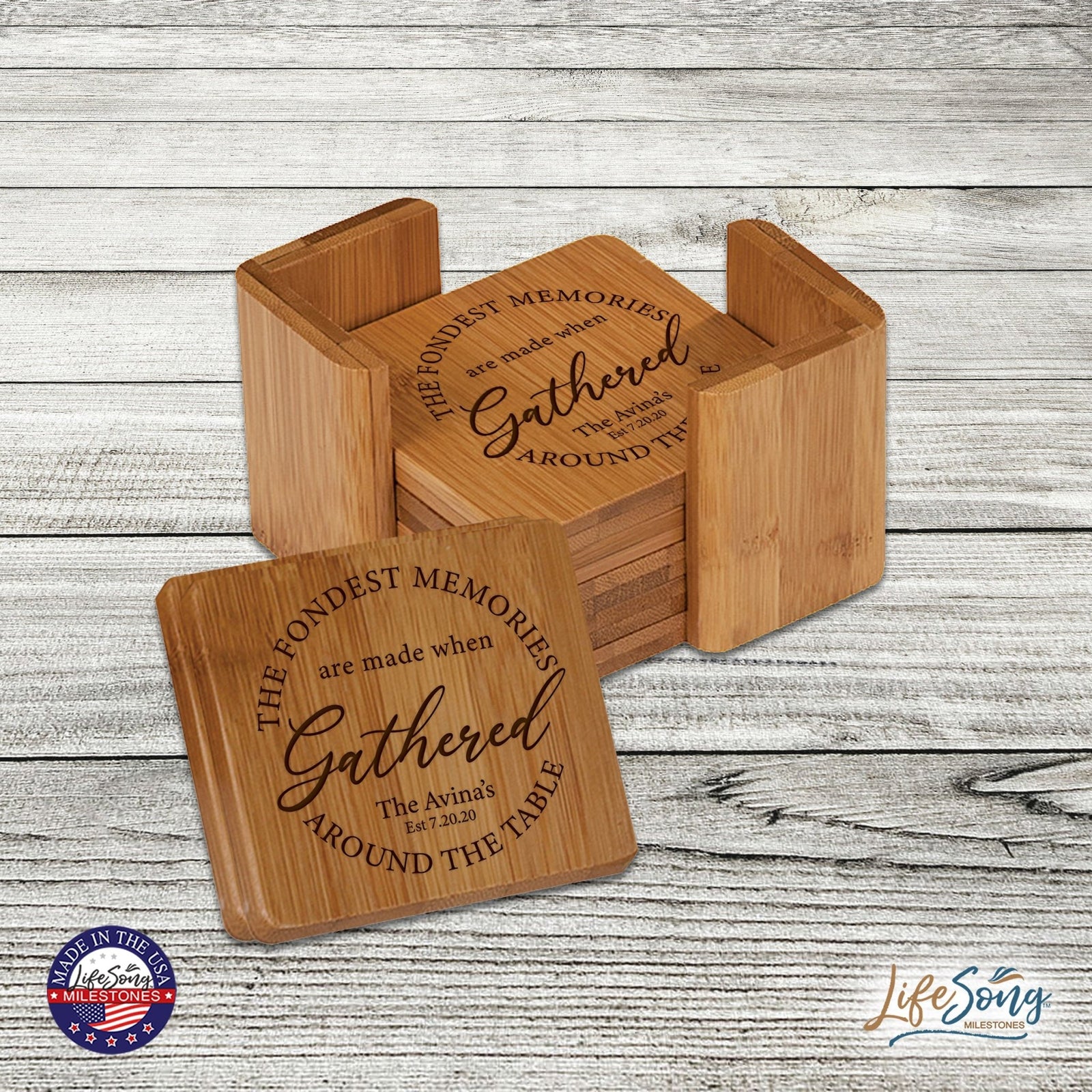 Personalized Family Home 6pc Solid Bamboo Coaster Set With Holder 4.5x4.5 – The Fondest Memories - LifeSong Milestones