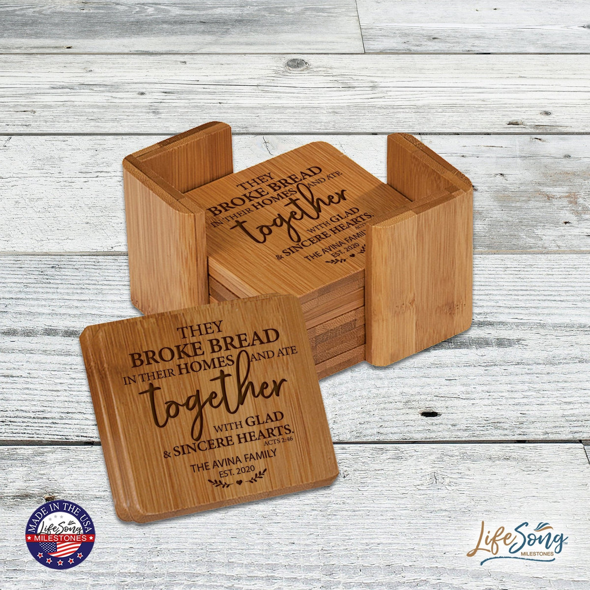 Personalized Family Home 6pc Solid Bamboo Coaster Set With Holder 4.5x4.5 – They Broke Bread - LifeSong Milestones