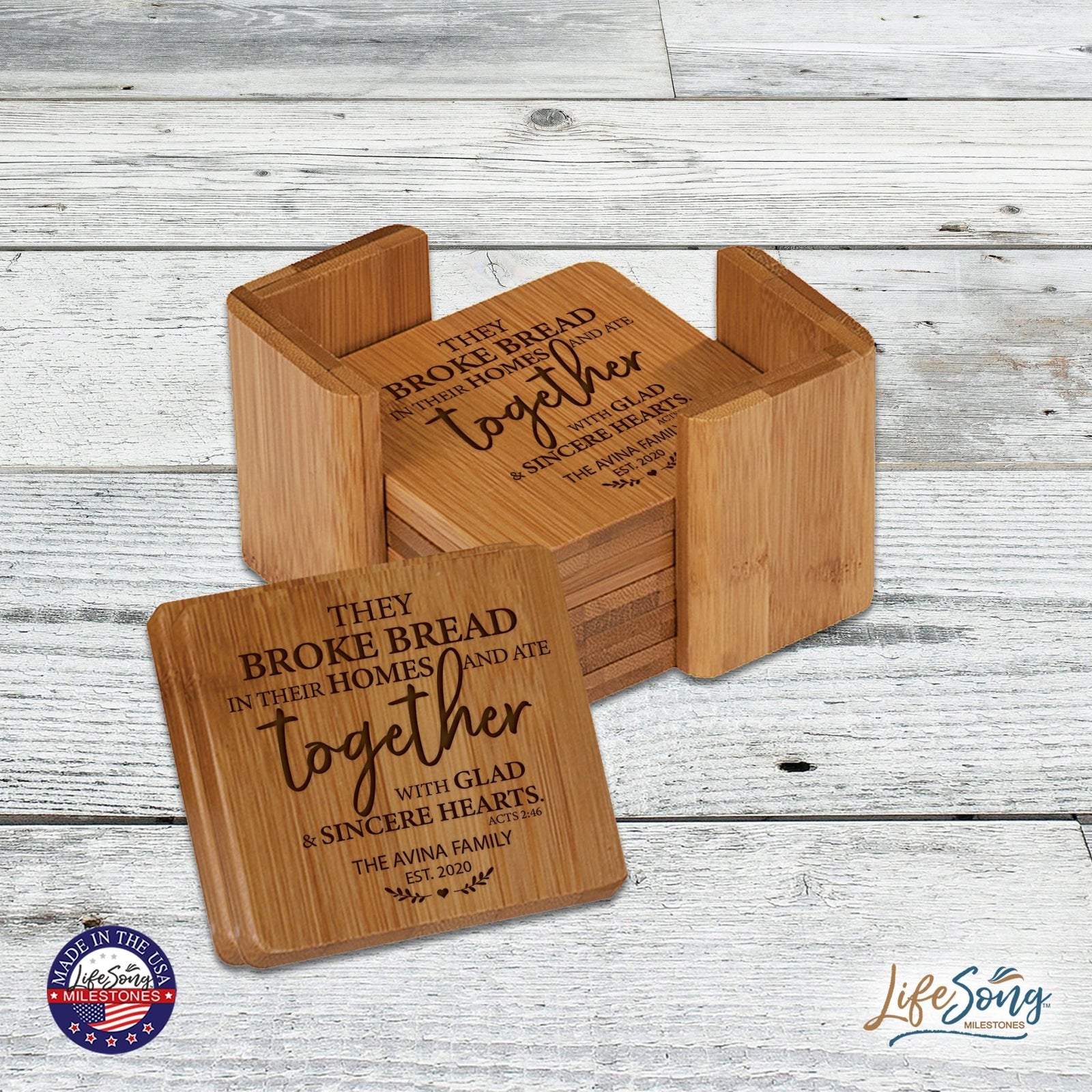 Personalized Family Home 6pc Solid Bamboo Coaster Set With Holder 4.5x4.5 – They Broke Bread - LifeSong Milestones
