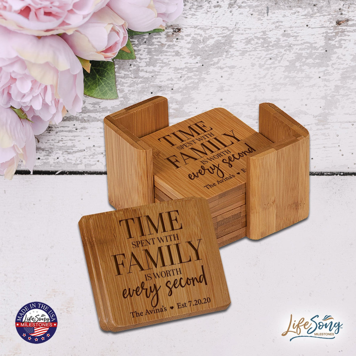 Personalized Family Home 6pc Solid Bamboo Coaster Set With Holder 4.5x4.5 – Time Spent With - LifeSong Milestones