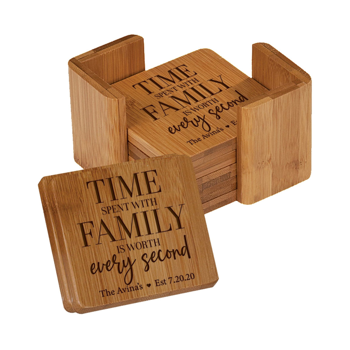 Personalized Family Home 6pc Solid Bamboo Coaster Set With Holder 4.5x4.5 – Time Spent With - LifeSong Milestones