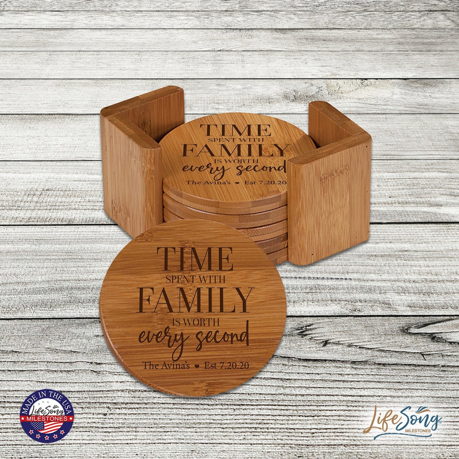 Personalized Family Home 6pc Solid Bamboo Coaster Set With Holder 4.5x4.5 – Time Spent With - LifeSong Milestones