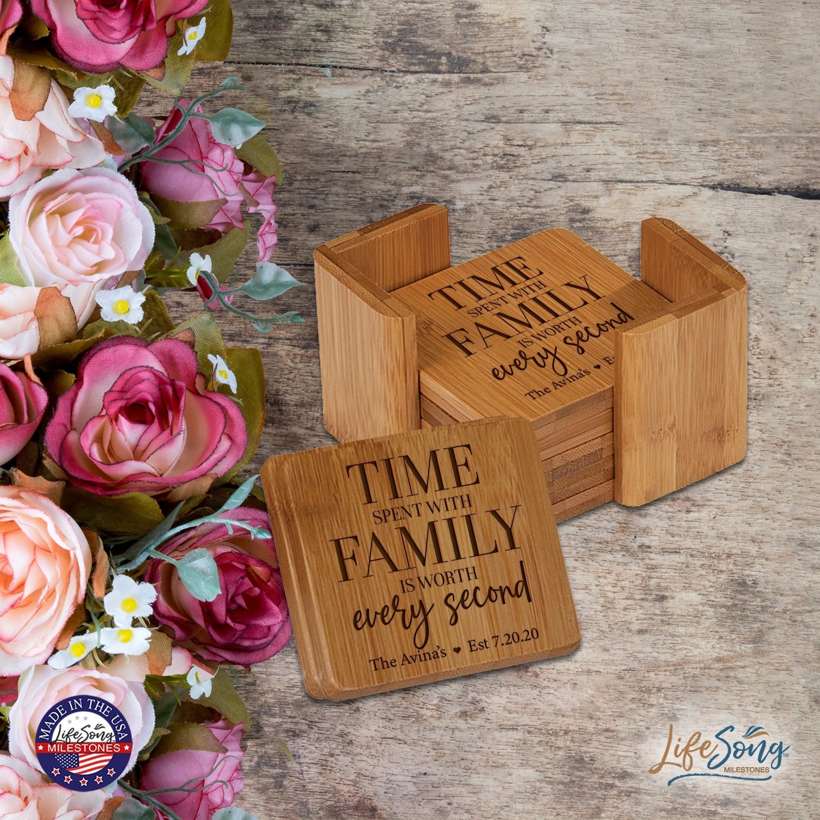 Personalized Family Home 6pc Solid Bamboo Coaster Set With Holder 4.5x4.5 – Time Spent With - LifeSong Milestones