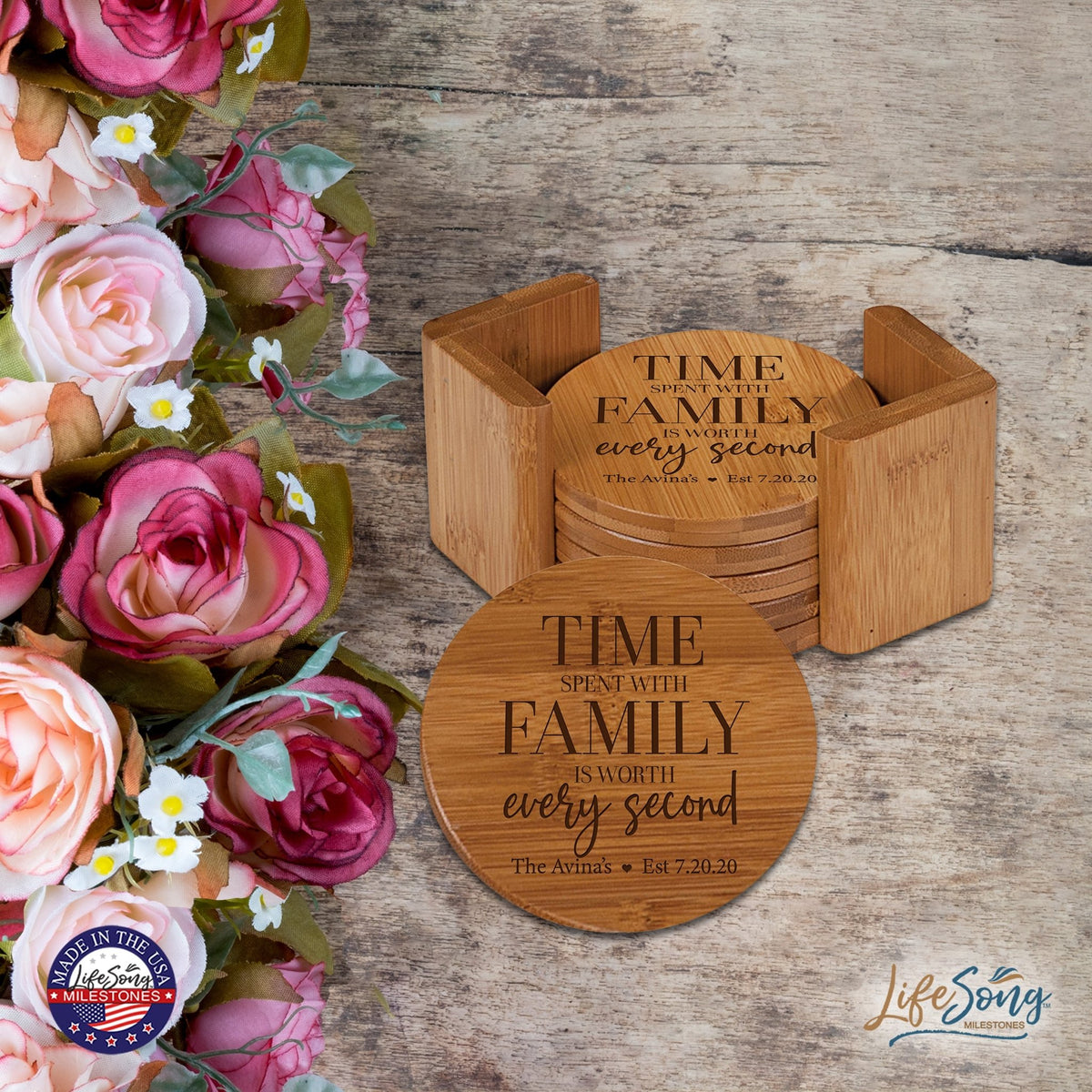 Personalized Family Home 6pc Solid Bamboo Coaster Set With Holder 4.5x4.5 – Time Spent With - LifeSong Milestones