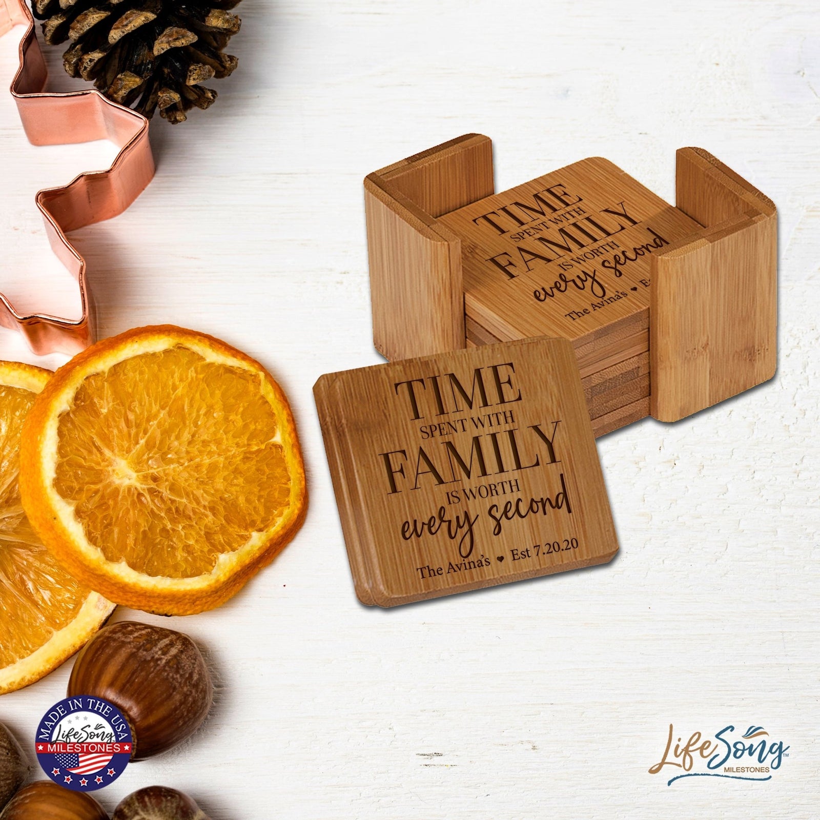 Personalized Family Home 6pc Solid Bamboo Coaster Set With Holder 4.5x4.5 – Time Spent With - LifeSong Milestones