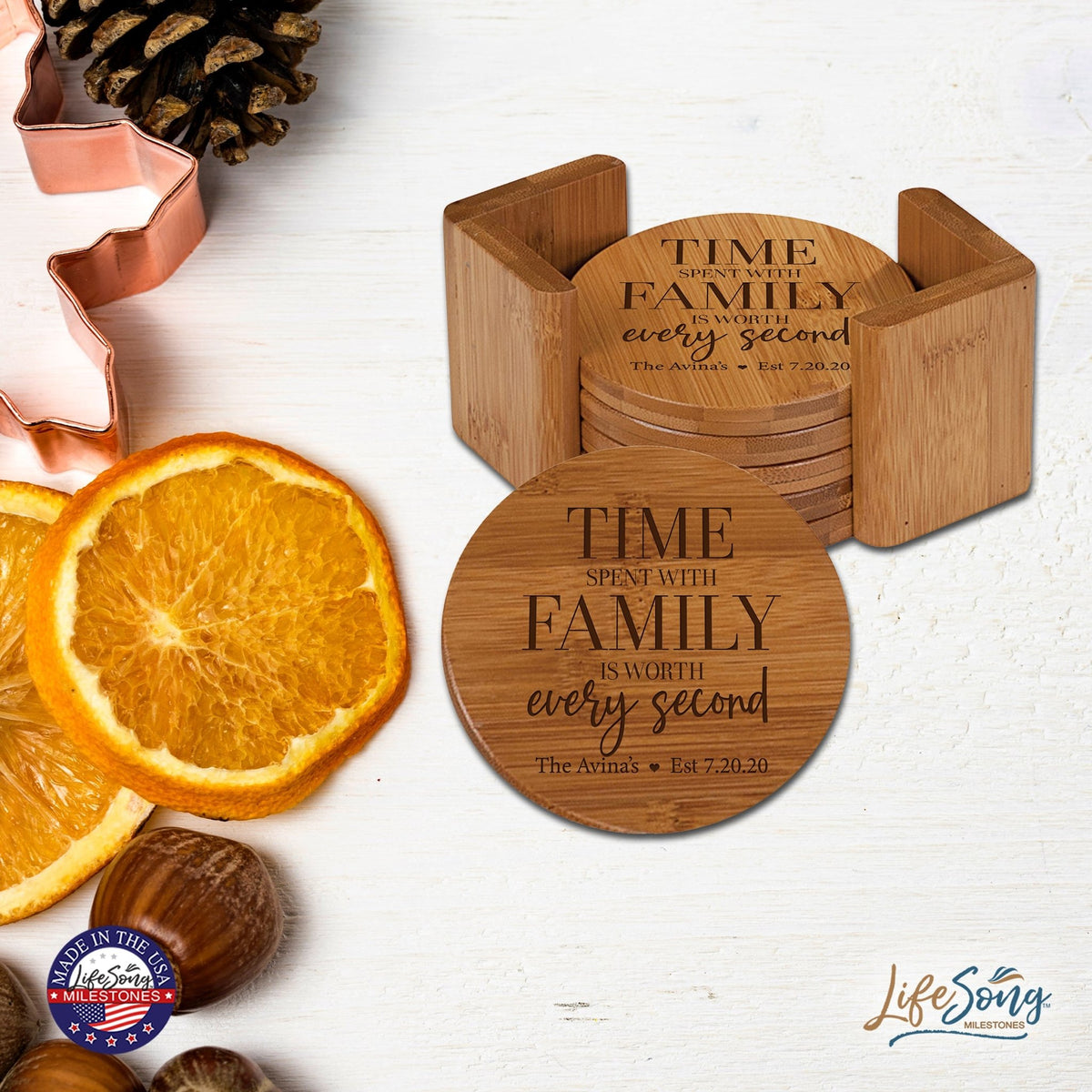 Personalized Family Home 6pc Solid Bamboo Coaster Set With Holder 4.5x4.5 – Time Spent With - LifeSong Milestones
